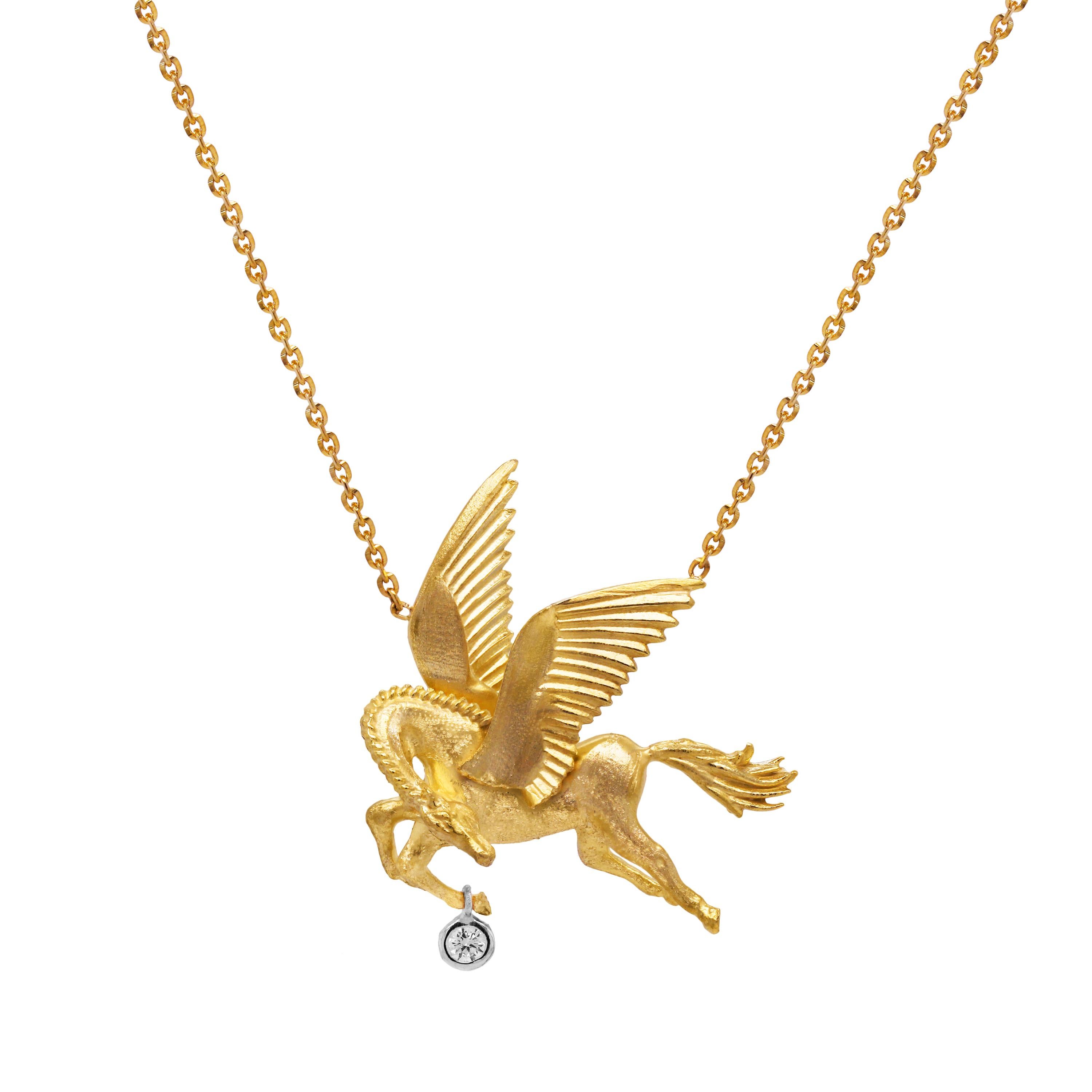 Stambolian 18 Karat Gold Dangling Bezel Diamond Pegasus Pendant Necklace In New Condition In Boca Raton, FL