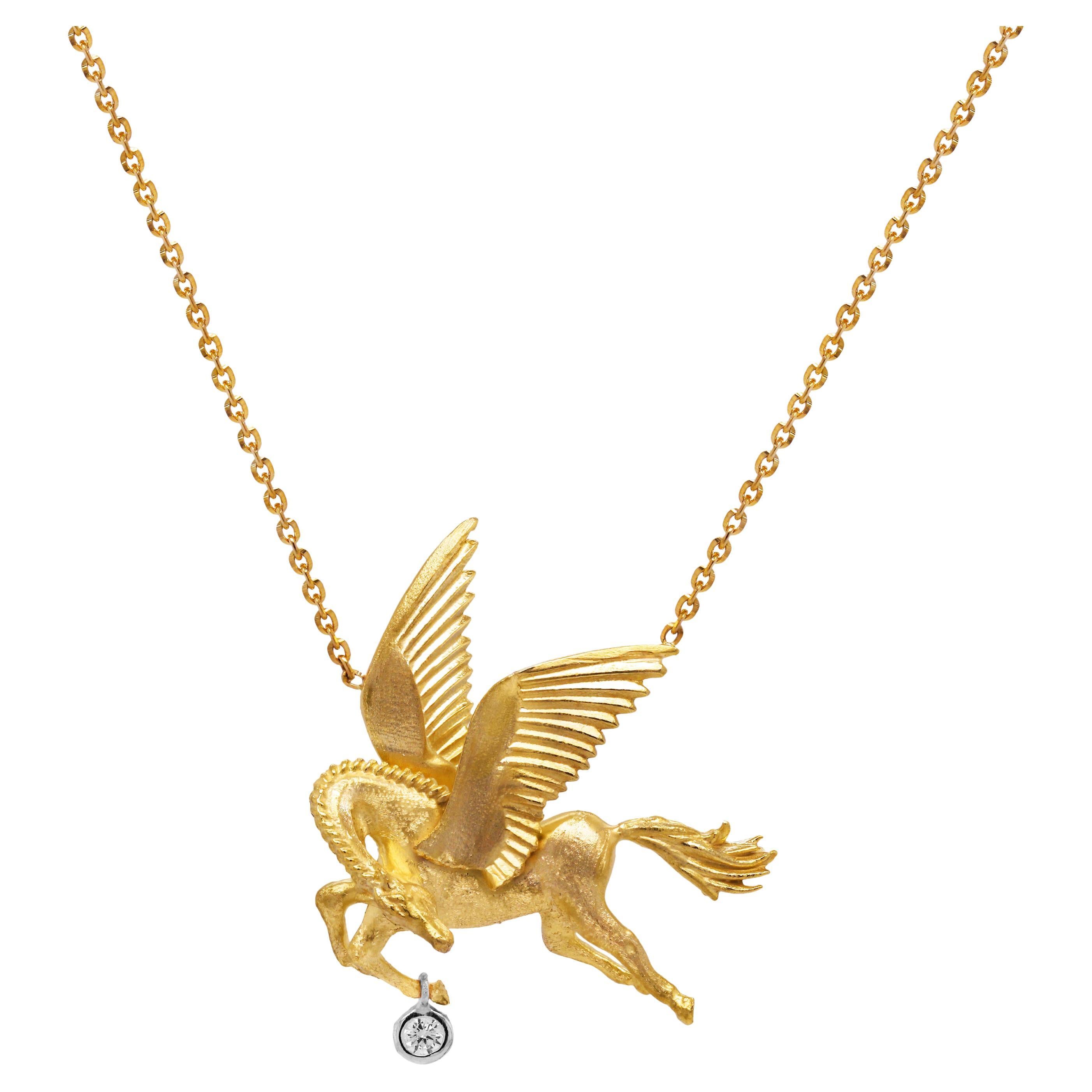 Stambolian 18 Karat Gold Dangling Bezel Diamond Pegasus Pendant Necklace