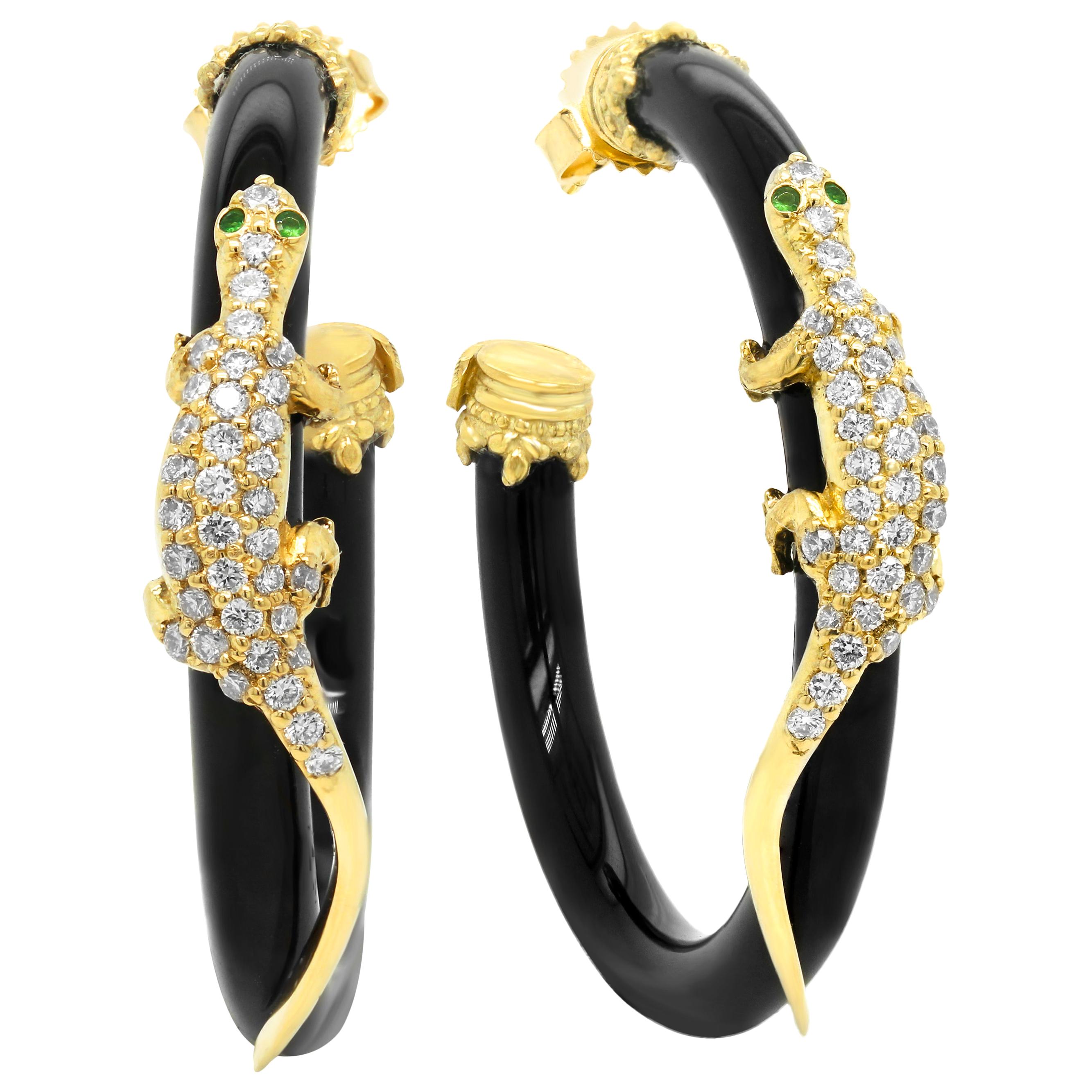 Stambolian 18 Karat Gold Diamond Black Onyx Tsavorite Lizard Hoop Earrings