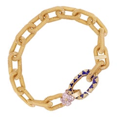 Stambolian 18 Karat Gold Heavy Link Blue Enamel Diamond Clasp Bracelet