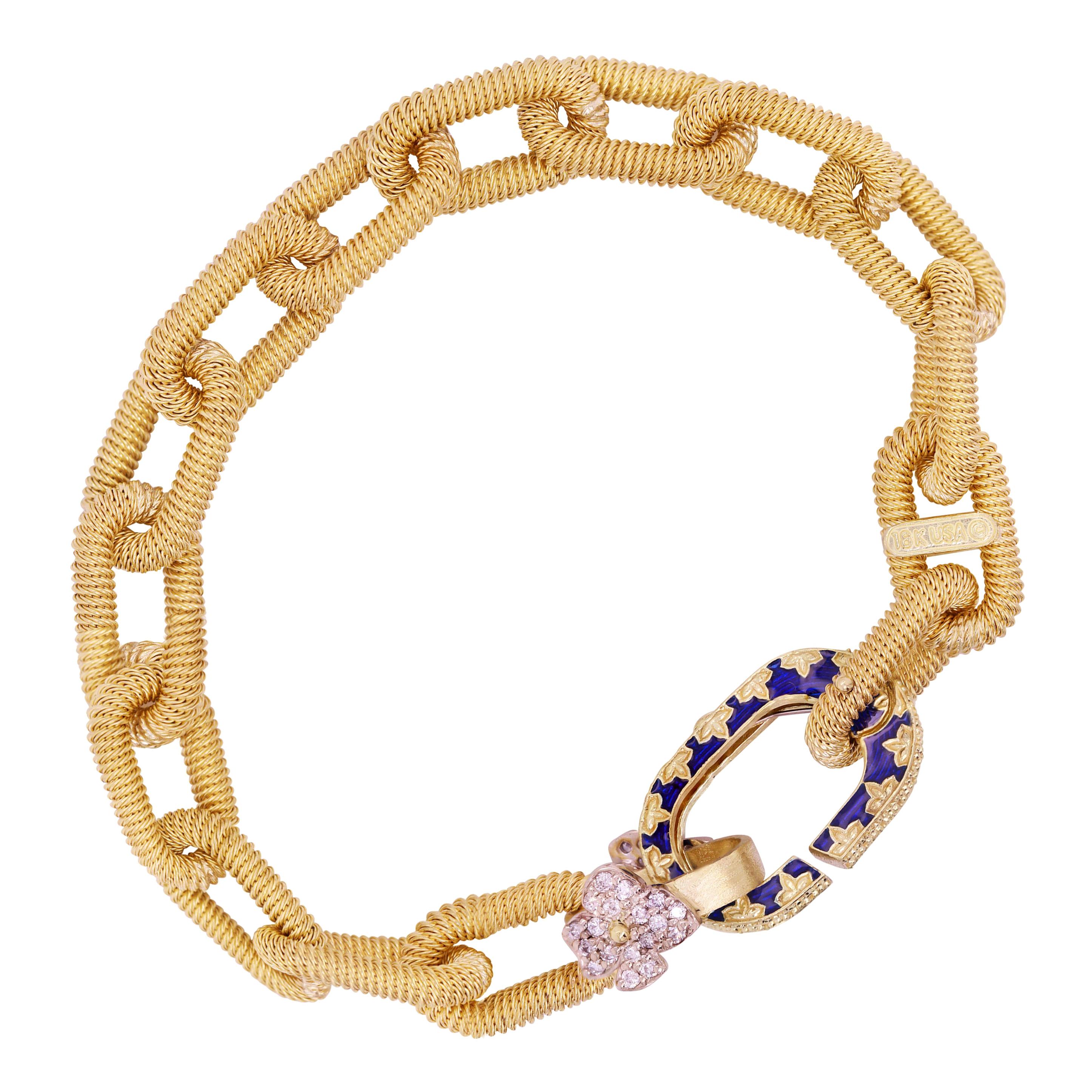 Stambolian 18 Karat Gold Heavy Paper Clip Link Blue Enamel Diamond Bracelet