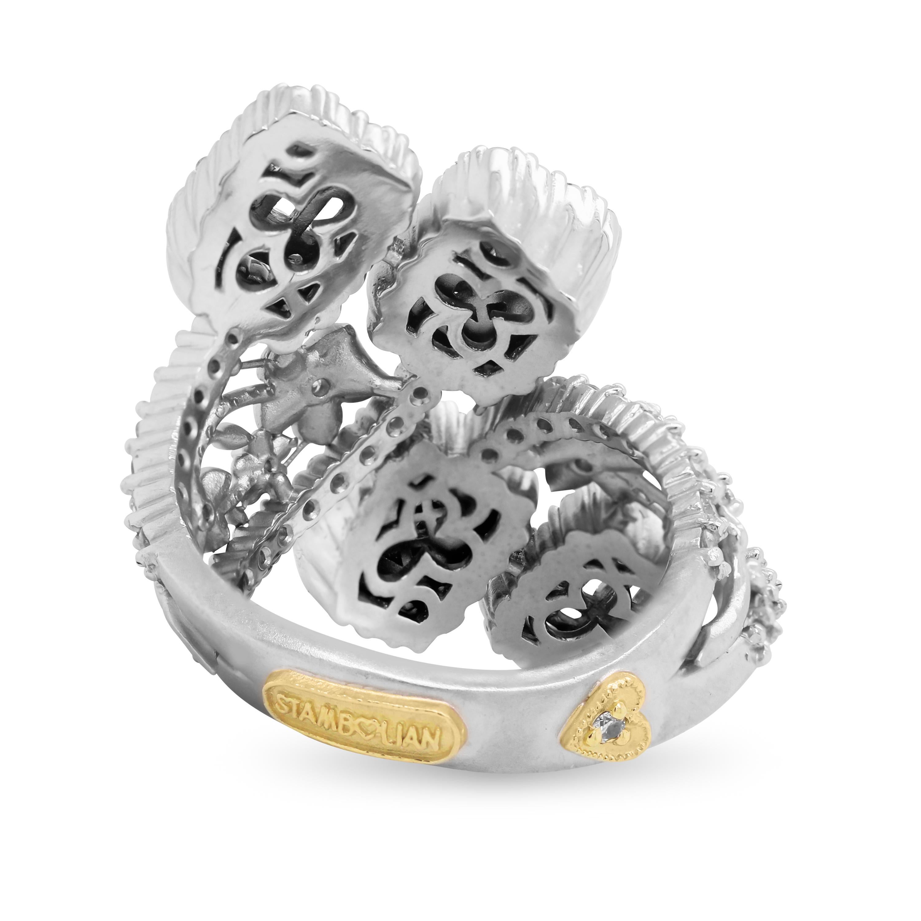 Contemporary Stambolian 18 Karat White Gold Baguette Round Diamond Floral Bypass Flower Ring