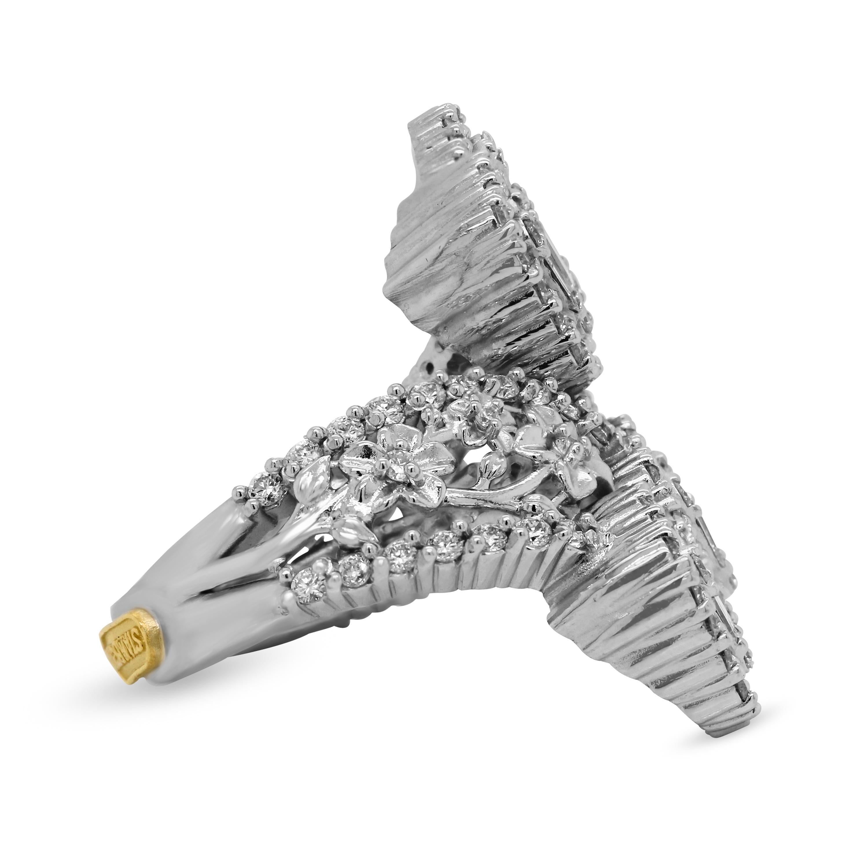 Baguette Cut Stambolian 18 Karat White Gold Baguette Round Diamond Floral Bypass Flower Ring