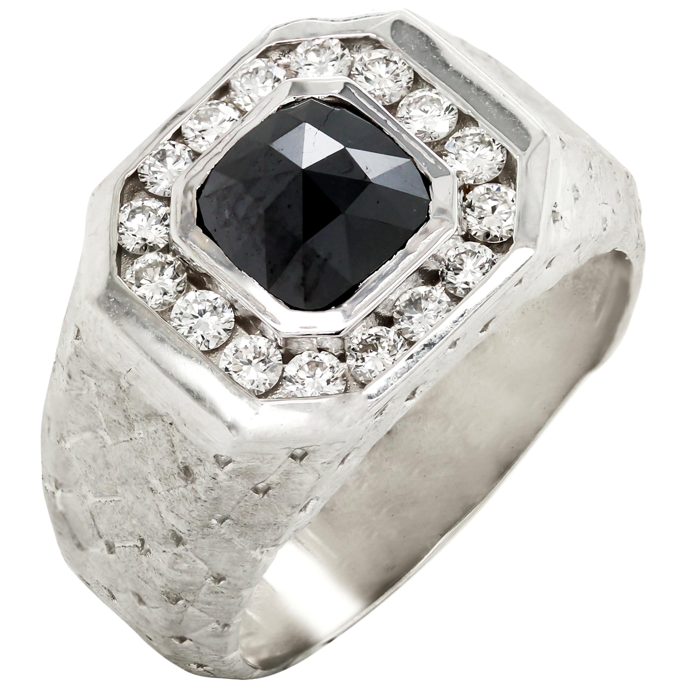 Stambolian 18 Karat White Gold Black White Diamond Checkered Design Ring