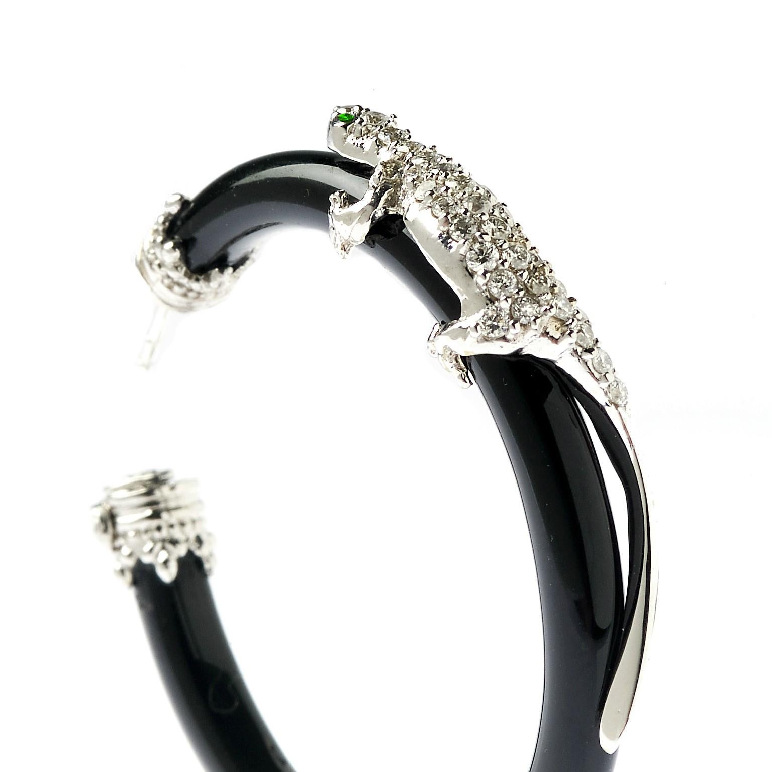 Contemporary Stambolian 18 Karat White Gold Diamond Black Onyx Tsavorite Lizard Hoop Earrings For Sale