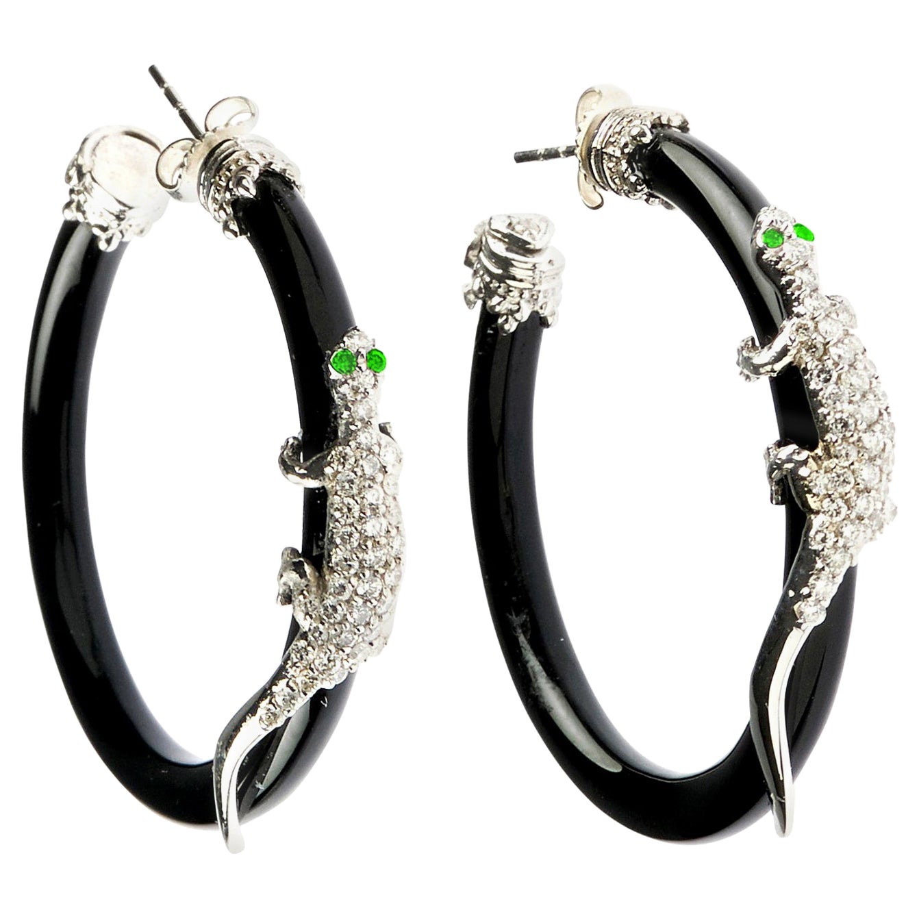 Stambolian 18 Karat White Gold Diamond Black Onyx Tsavorite Lizard Hoop Earrings