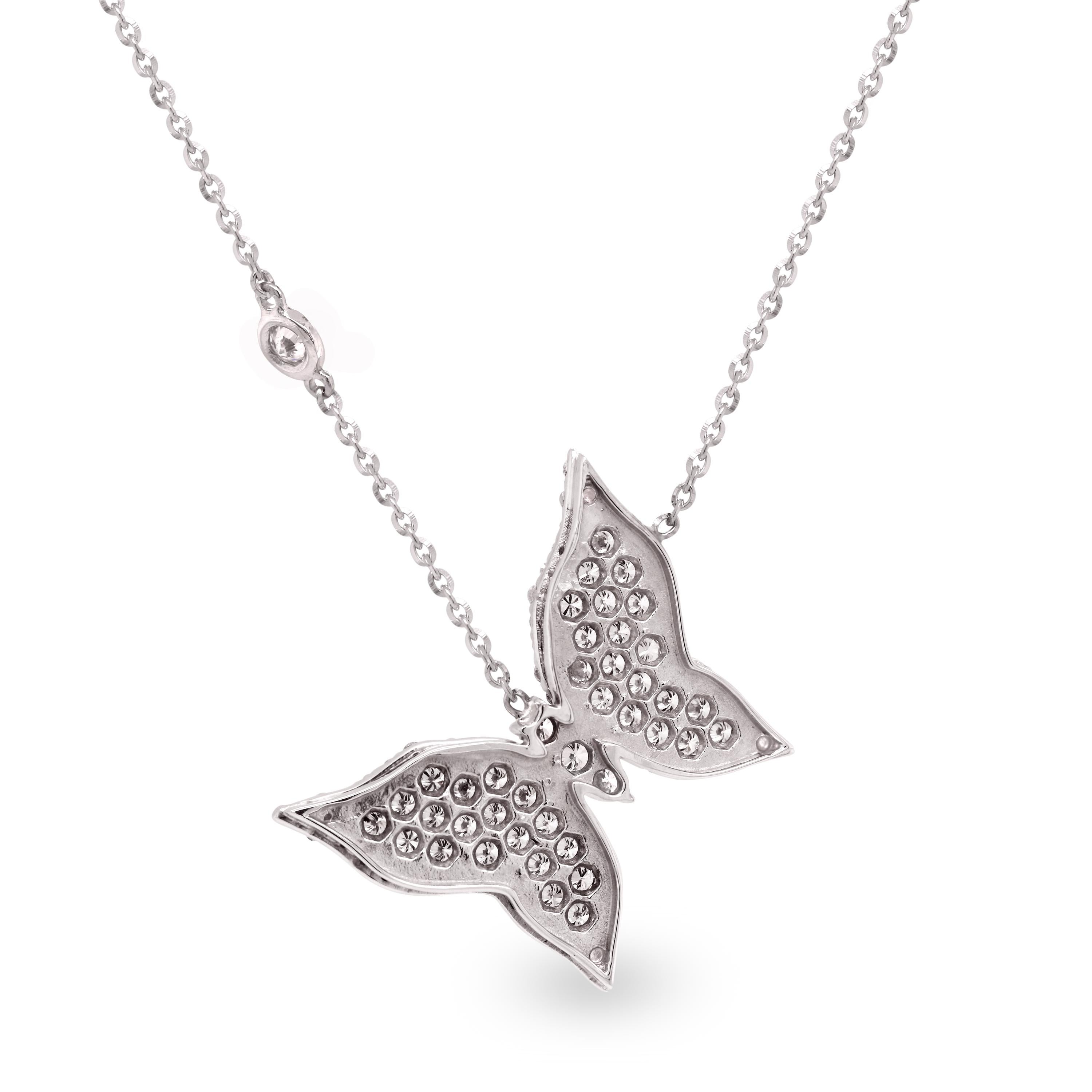 Modern Stambolian 18 Karat White Gold Diamond Butterfly Pendant Diamond Bezel Necklace For Sale