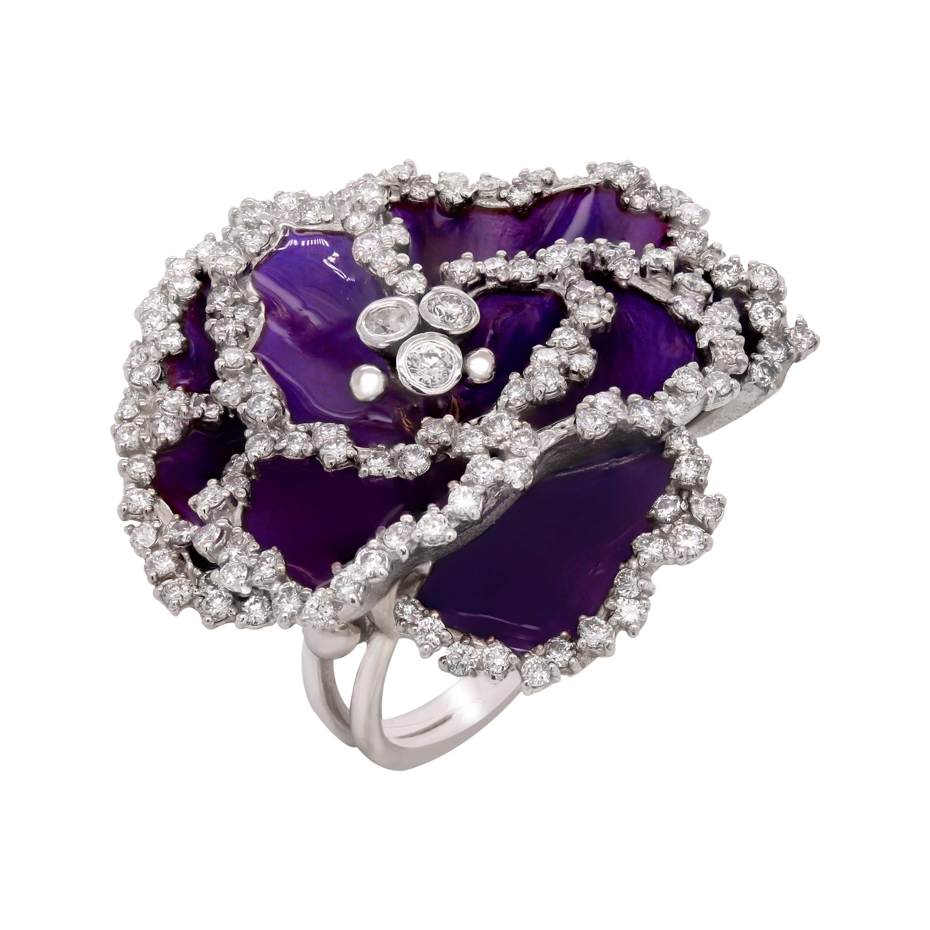 Stambolian 18 Karat White Gold Diamond Purple Enamel Africa Violet Floral Ring