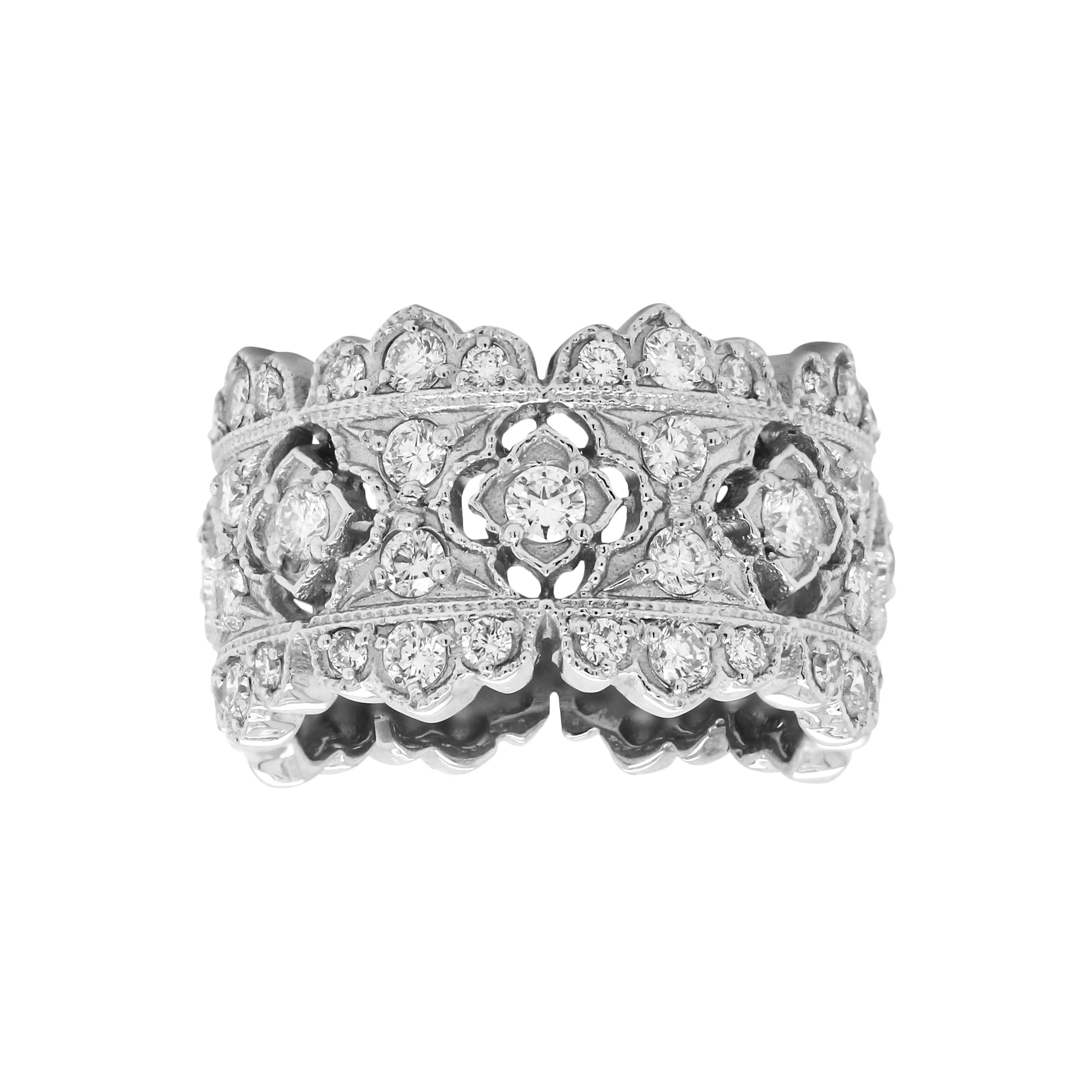 Round Cut Stambolian 18 Karat White Gold Diamond Wide Band Ring For Sale