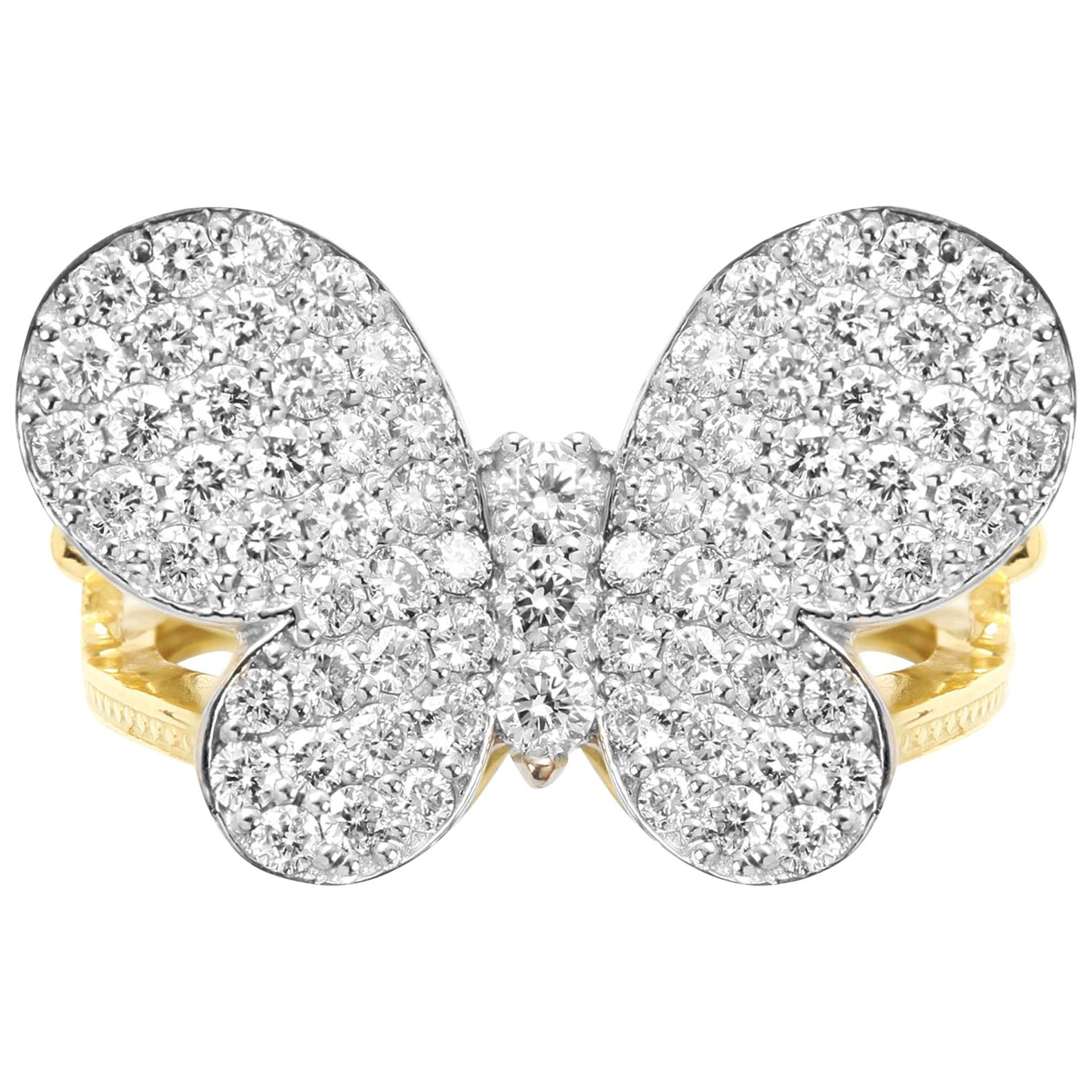 Stambolian 18 Karat Yellow and White Two-Tone Gold Diamond 3D Butterfly Ring