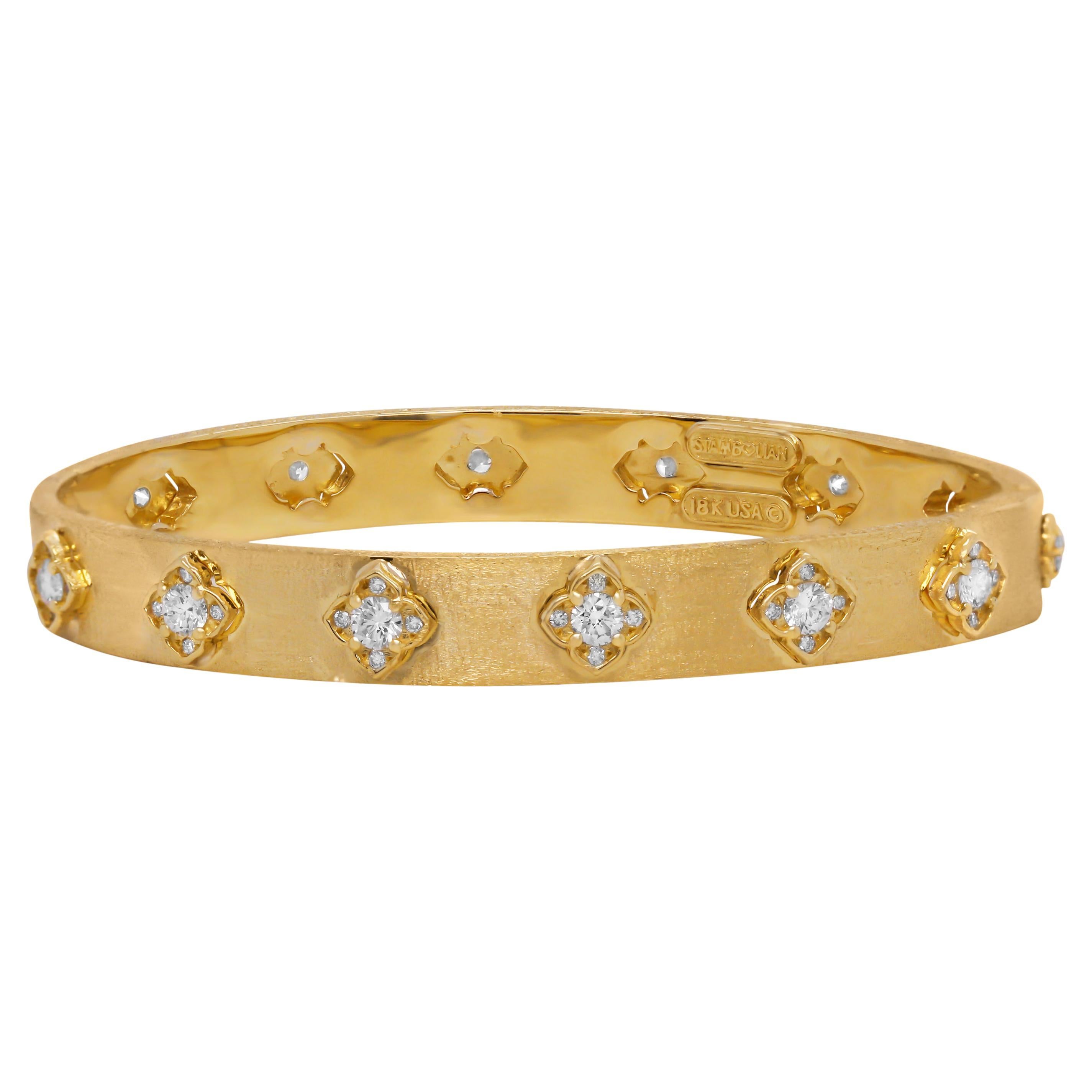 Stambolian 18 Karat Yellow Gold and Diamond Floral Bangle Bracelet