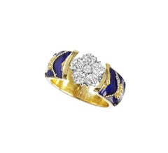 Stambolian 18 Karat Yellow Gold Cobalt Blue Enamel Diamond Cluster Ring