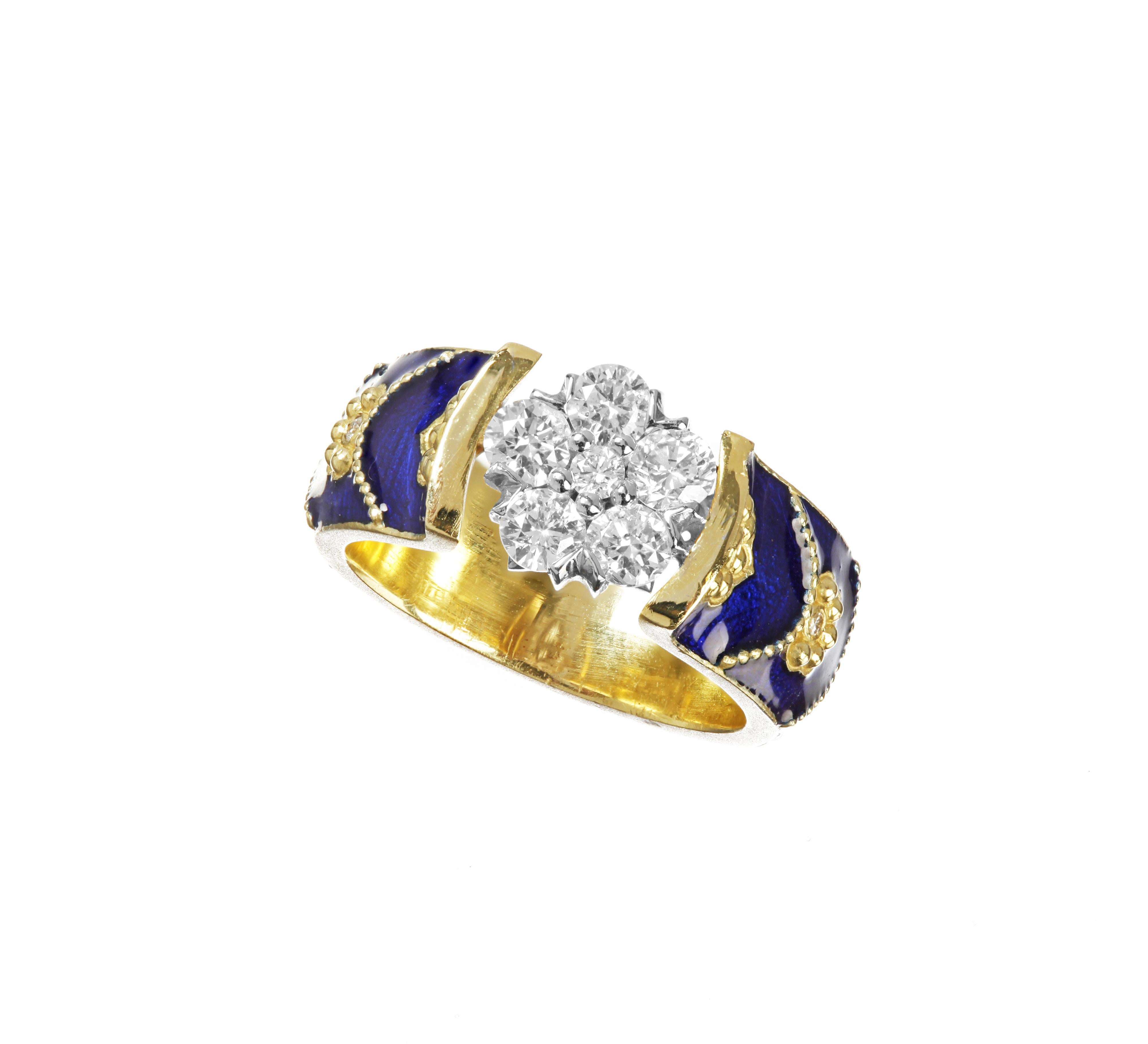 Round Cut Stambolian 18 Karat Yellow Gold Cobalt Blue Enamel Diamond Cluster Ring