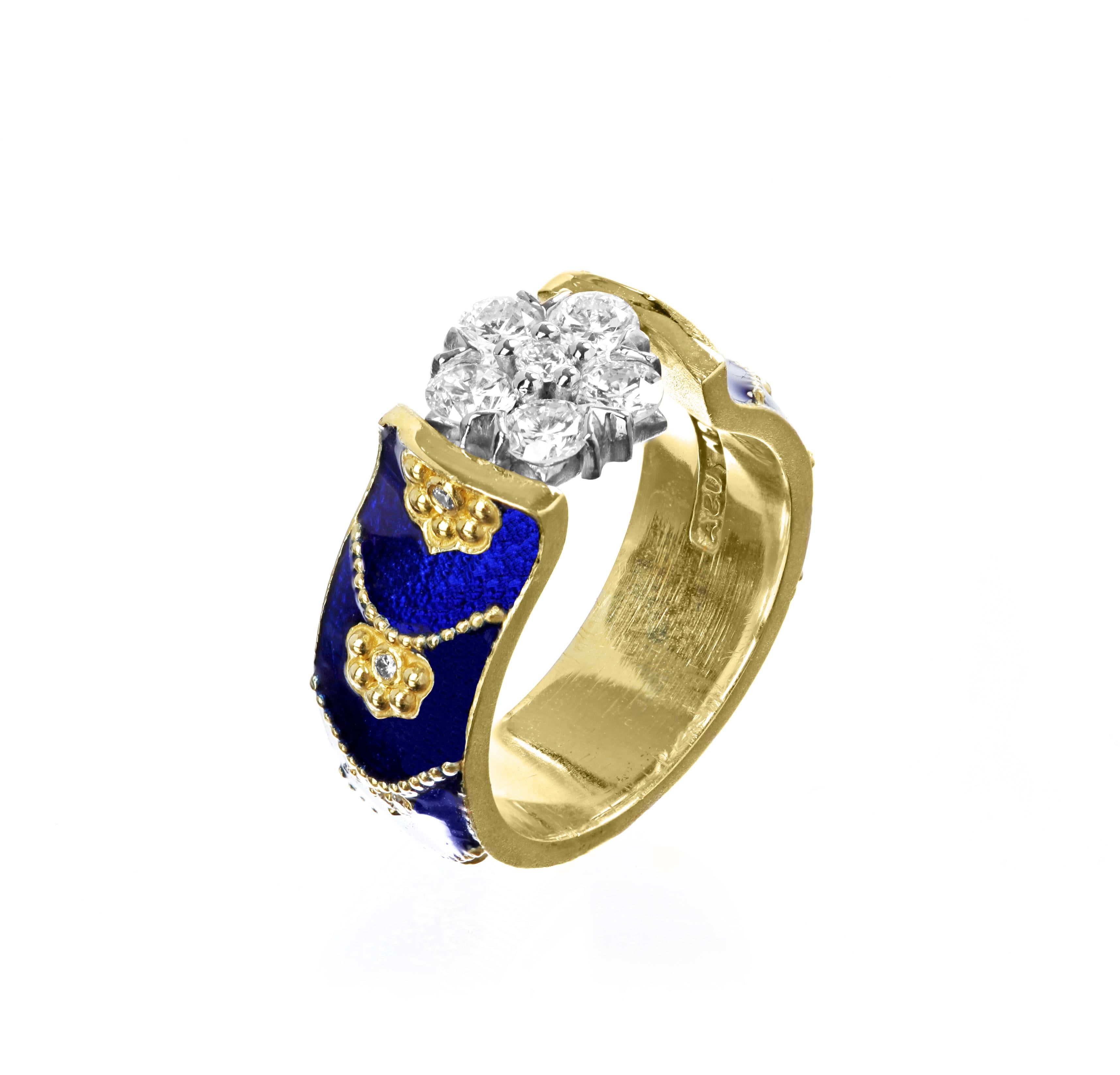 Stambolian 18 Karat Yellow Gold Cobalt Blue Enamel Diamond Cluster Ring In New Condition In Boca Raton, FL