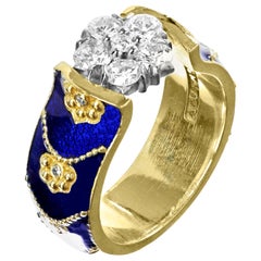 Stambolian 18 Karat Yellow Gold Cobalt Blue Enamel Diamond Cluster Ring