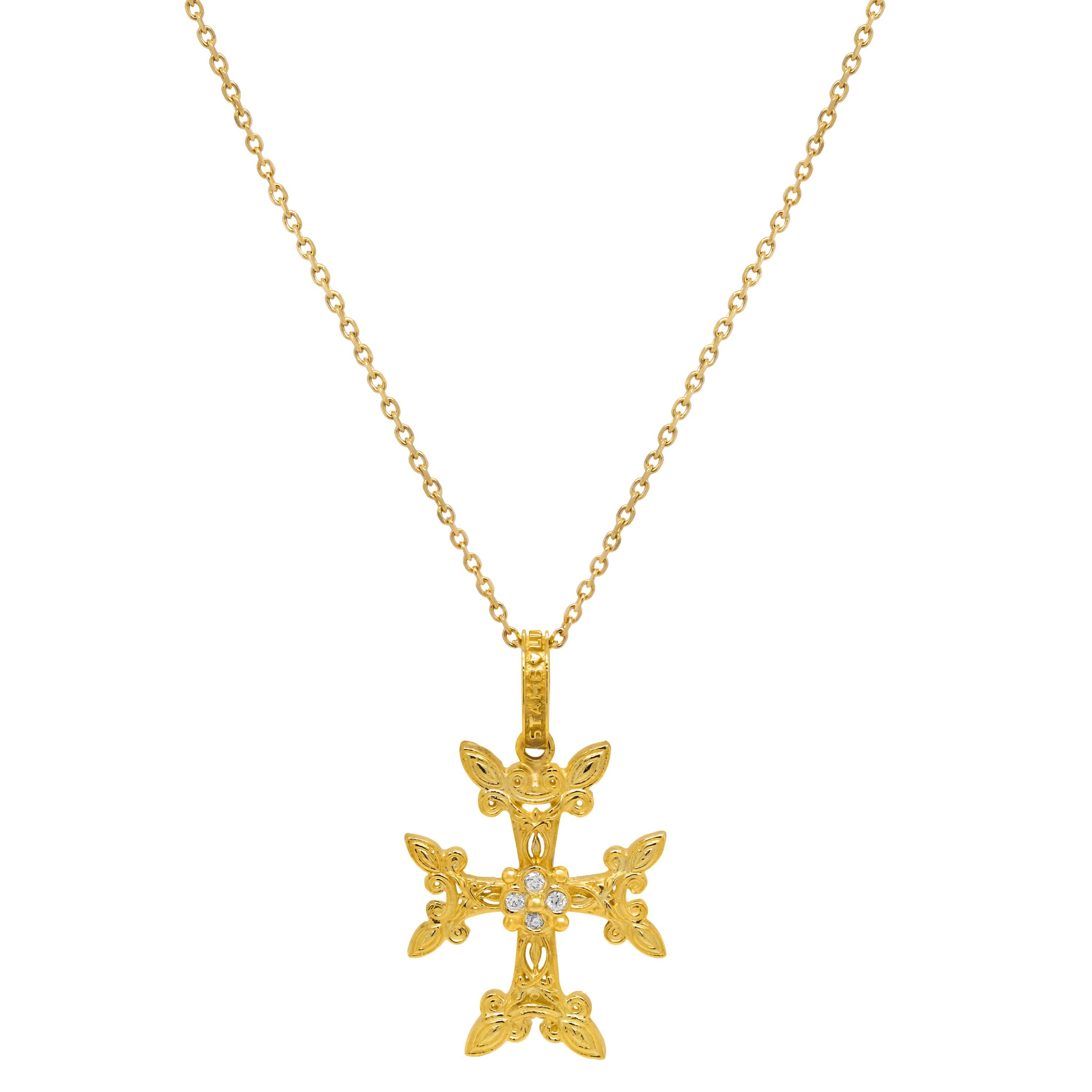 Stambolian 18 Karat Yellow Gold Diamond Armenian Cross Pendant Necklace