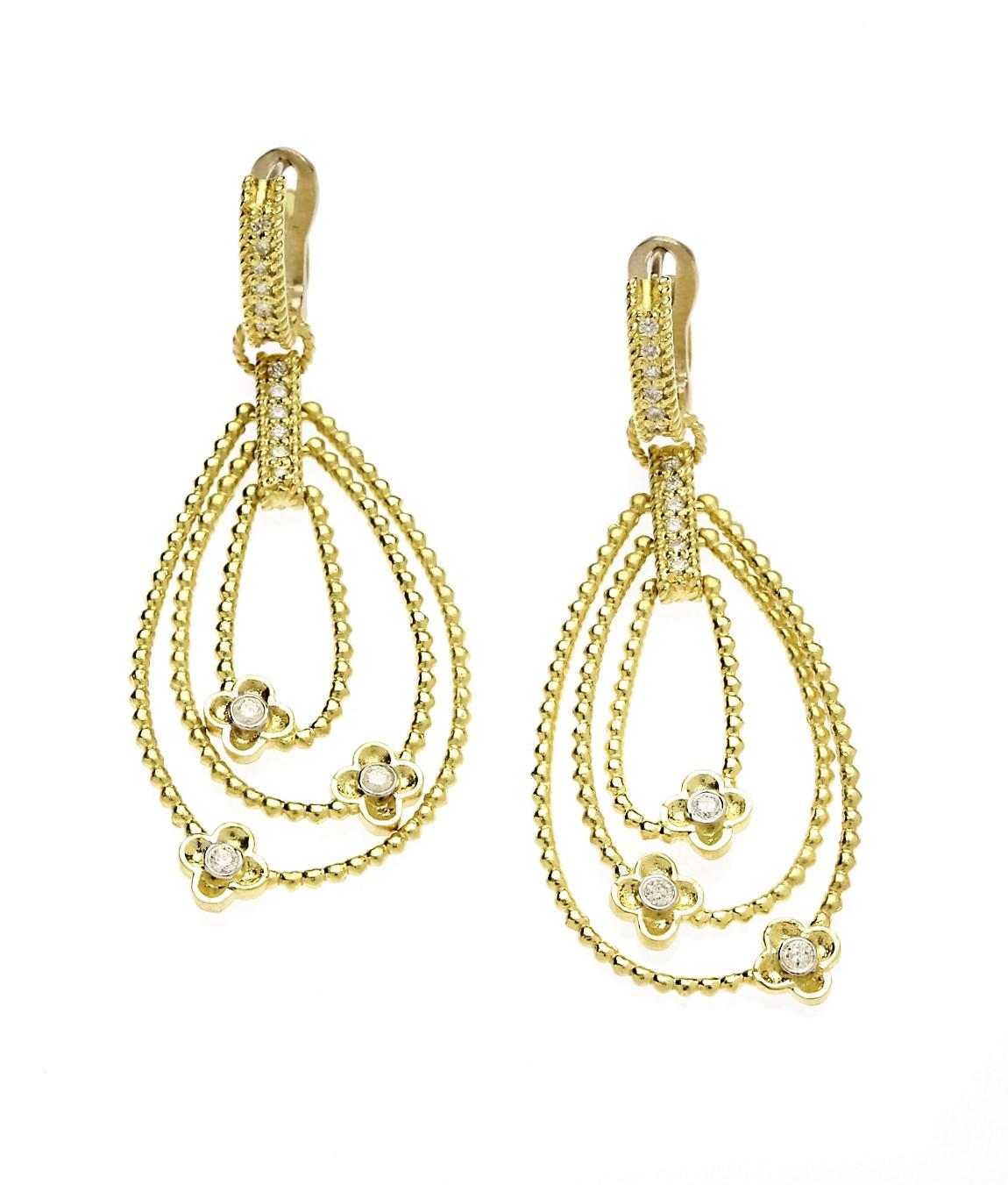 Round Cut Stambolian 18 Karat Yellow Gold Diamond Floral Drop Dangle Earrings For Sale