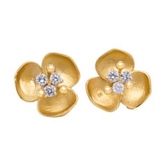 Stambolian 18 Karat Yellow Gold Diamond Floral Motif Three Leaf Stud Earrings