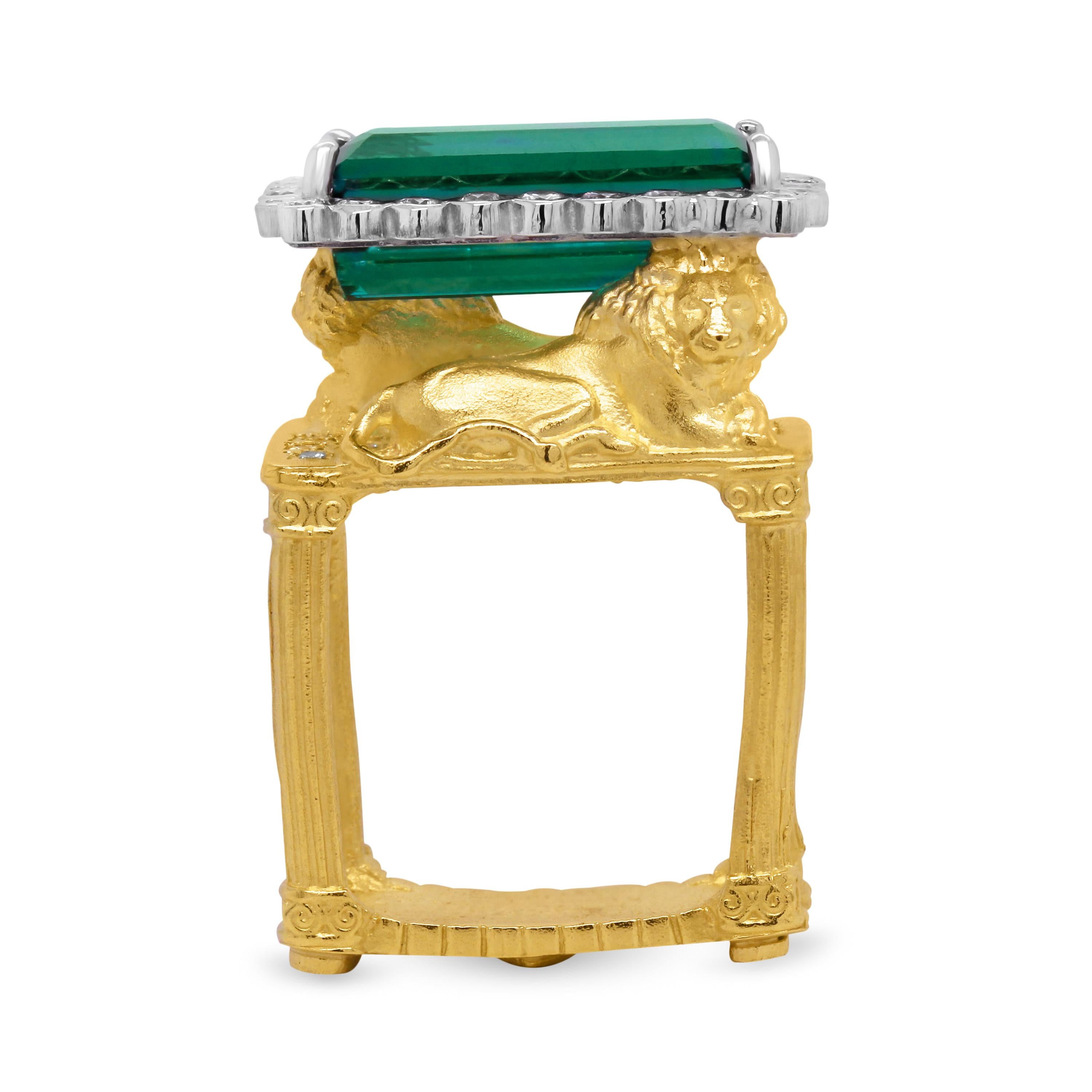 Stambolian 18 Karat Yellow Gold Diamond Green Tourmaline Two Lions Cocktail Ring

This one-of-a-kind ring by Stambolian is named the 