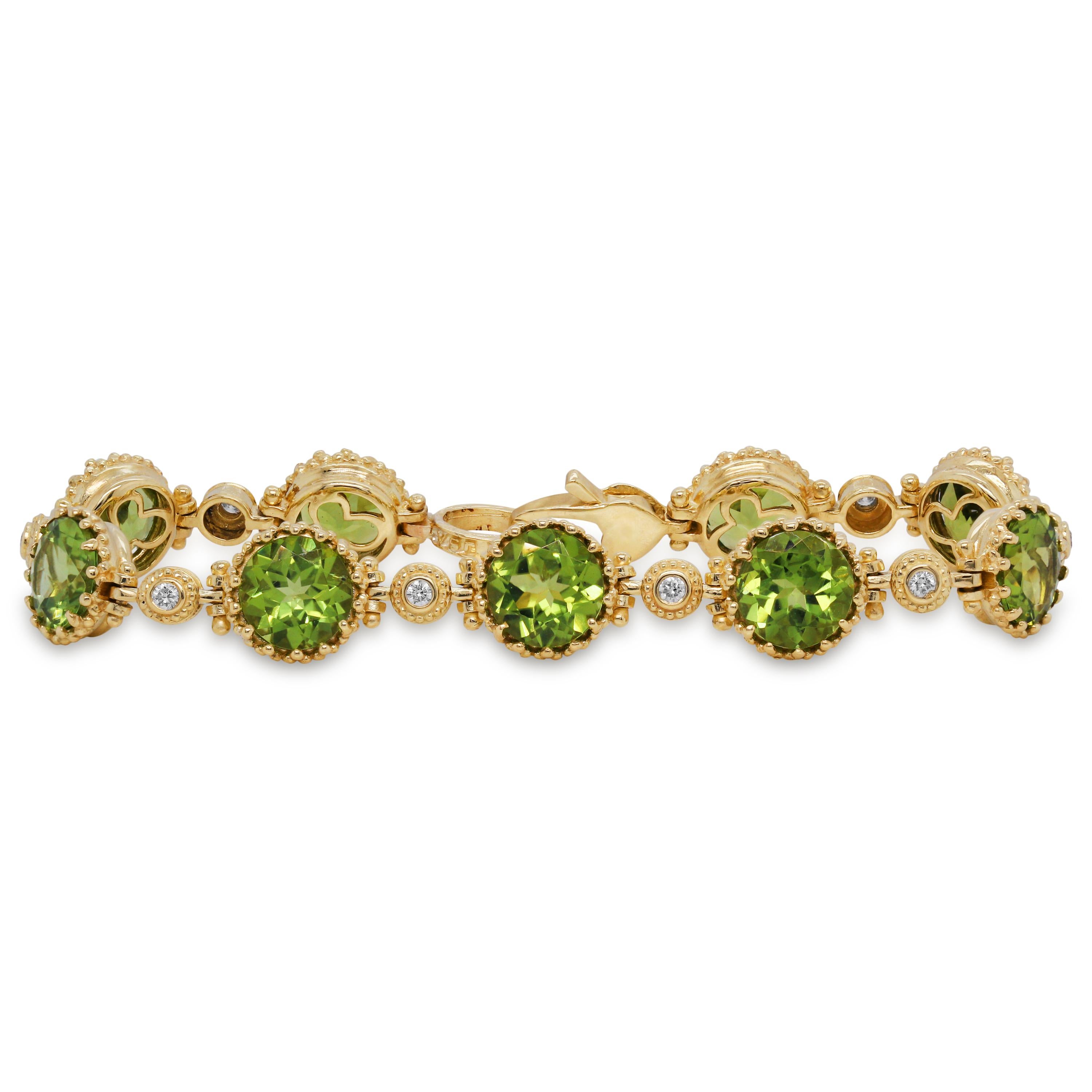 Stambolian 18 Karat Yellow Gold Diamond Round Cut Peridot Tennis Bracelet

NO RESERVE PRICE
ONE OF A KIND

This incredible bracelet features nine, top-quality, round-cut Peridot with diamonds bezel set in between each section.

Apprx. 25 carat