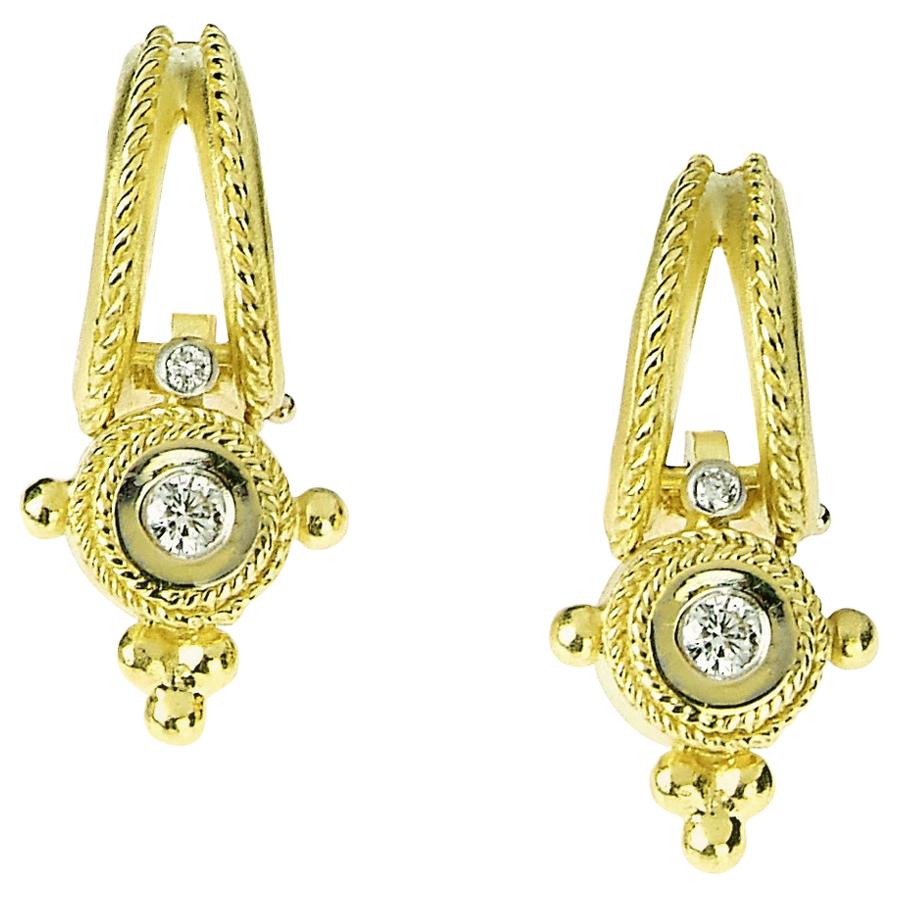 18 Karat Yellow Gold and Diamond Round Drop Dangle Earrings For Sale at 1stDibs
