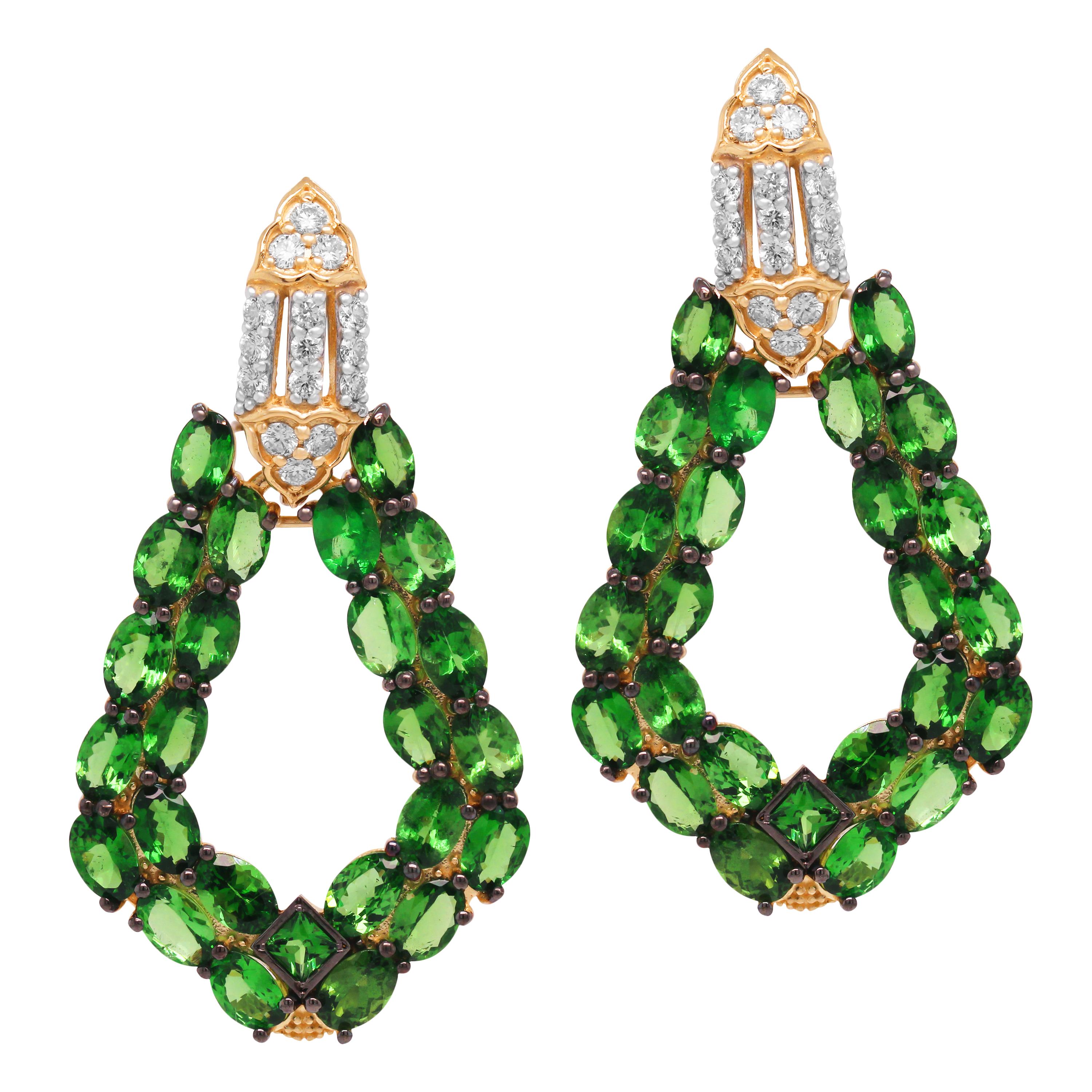 Oval Cut Stambolian 18 Karat Yellow Gold Diamond Tsavorite Drop Dangle Earrings