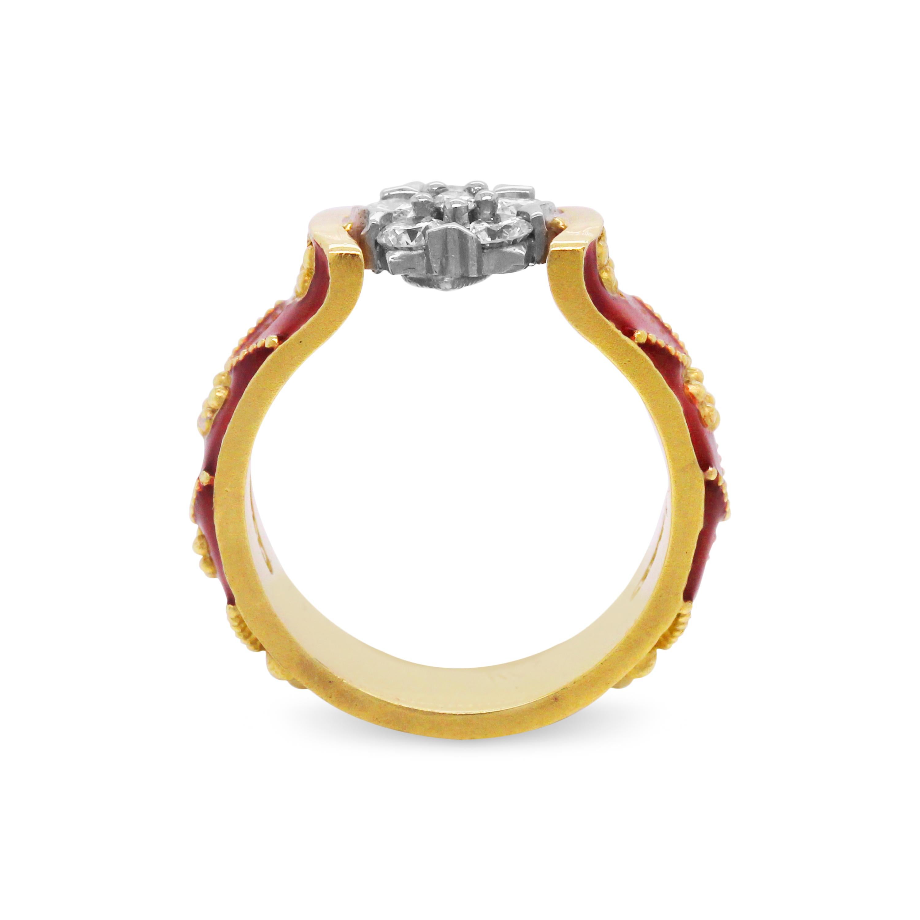 Round Cut Stambolian 18 Karat Yellow Gold Red Enamel Diamond Cluster Ring