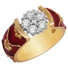 Stambolian 18 Karat Yellow Gold Red Enamel Diamond Cluster Ring