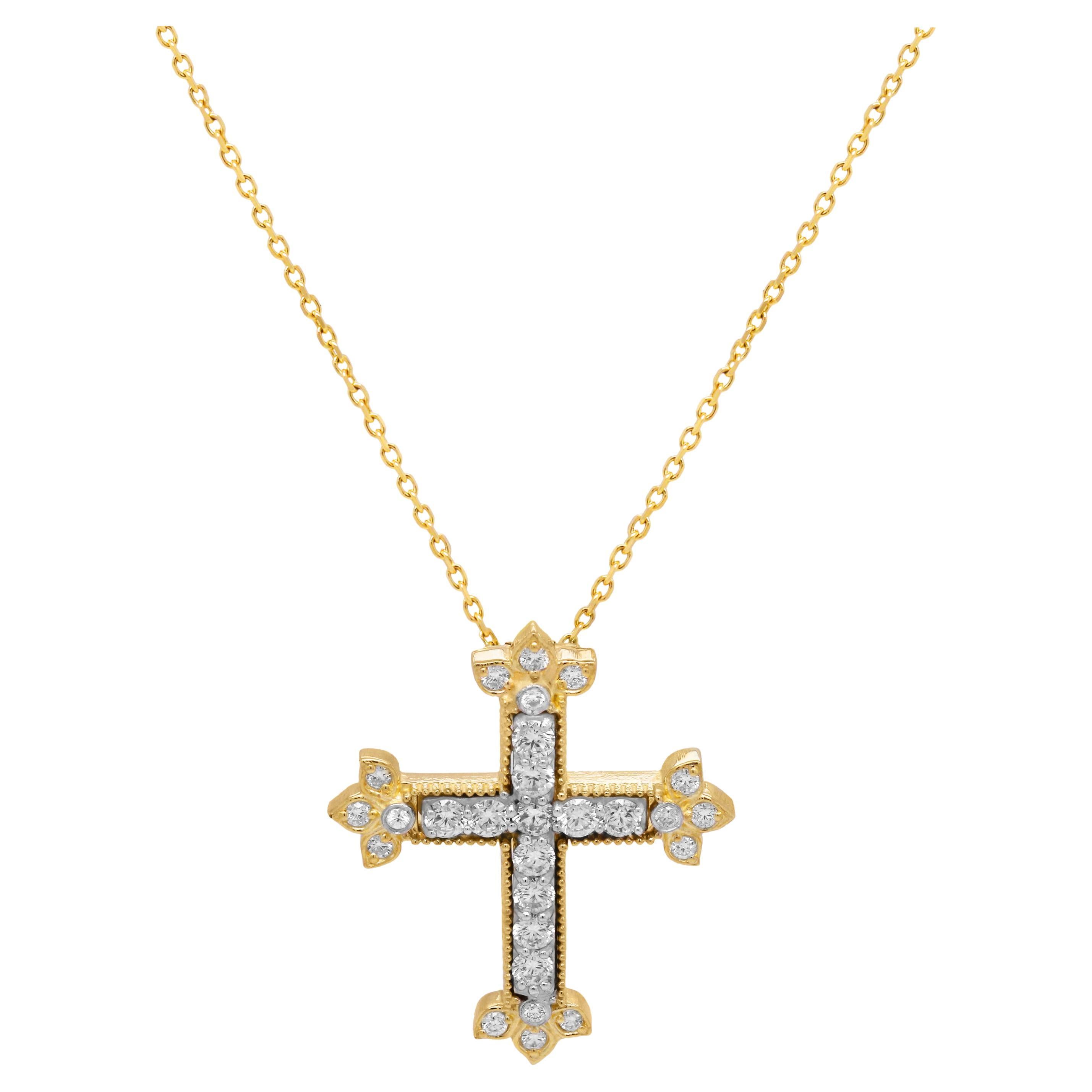 Stambolian 18 Karat Yellow White Gold Diamond Cross Pendant Chain Necklace