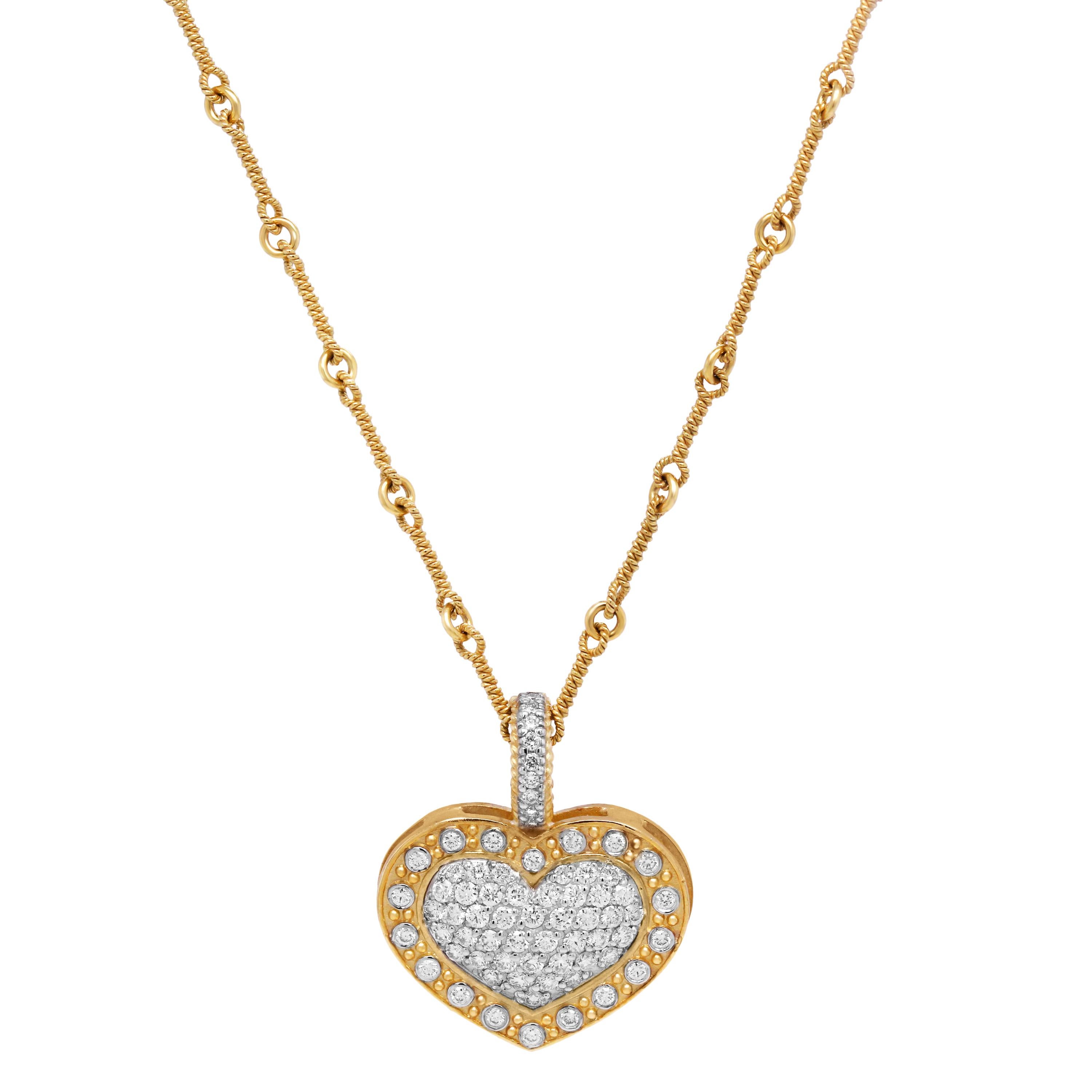 Stambolian 18 Karat Yellow White Gold Diamond Heart Enhancer Pendant Necklace

This beautiful heart pendant features diamonds pavé set in the center with a row of diamonds bezel set, surrounding.

A handmade bone chain is used that is also solid 18k