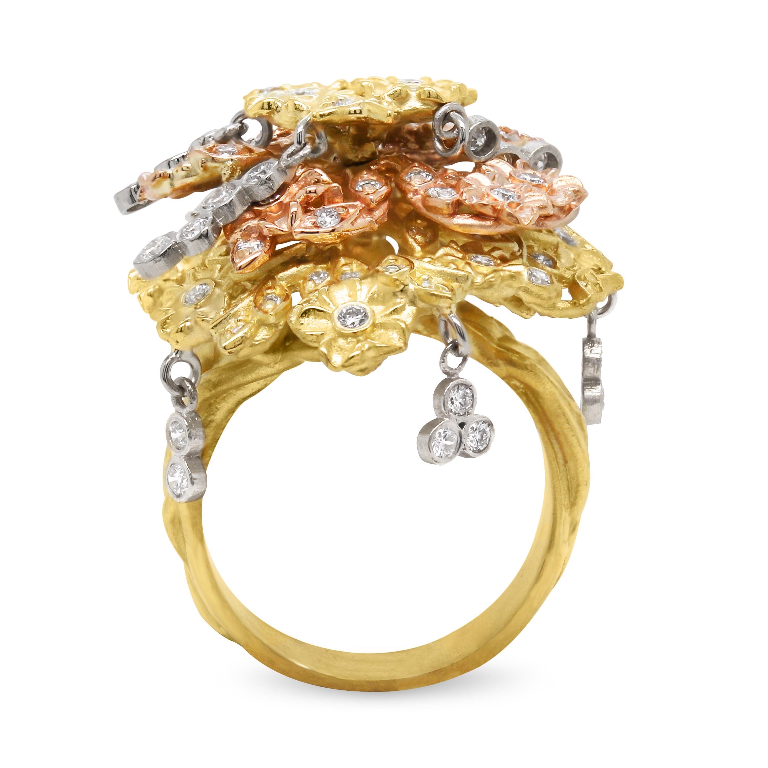 Stambolian 18 Karat Gelb-Weiß-Rose Dreifarbiger Gold Diamant-Baum des Lebens-Ring (Zeitgenössisch) im Angebot
