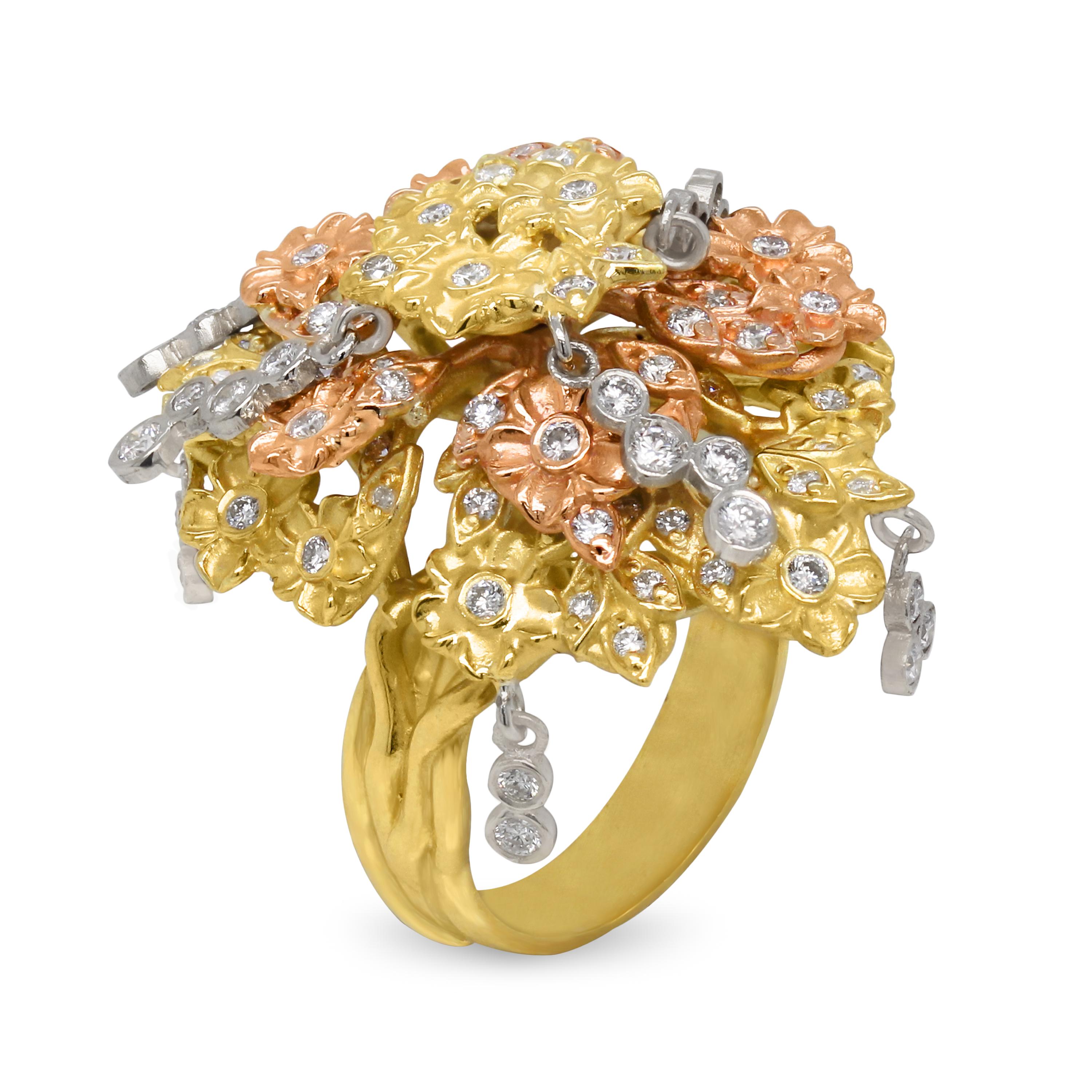 Stambolian 18 Karat Gelb-Weiß-Rose Dreifarbiger Gold Diamant-Baum des Lebens-Ring (Rundschliff) im Angebot