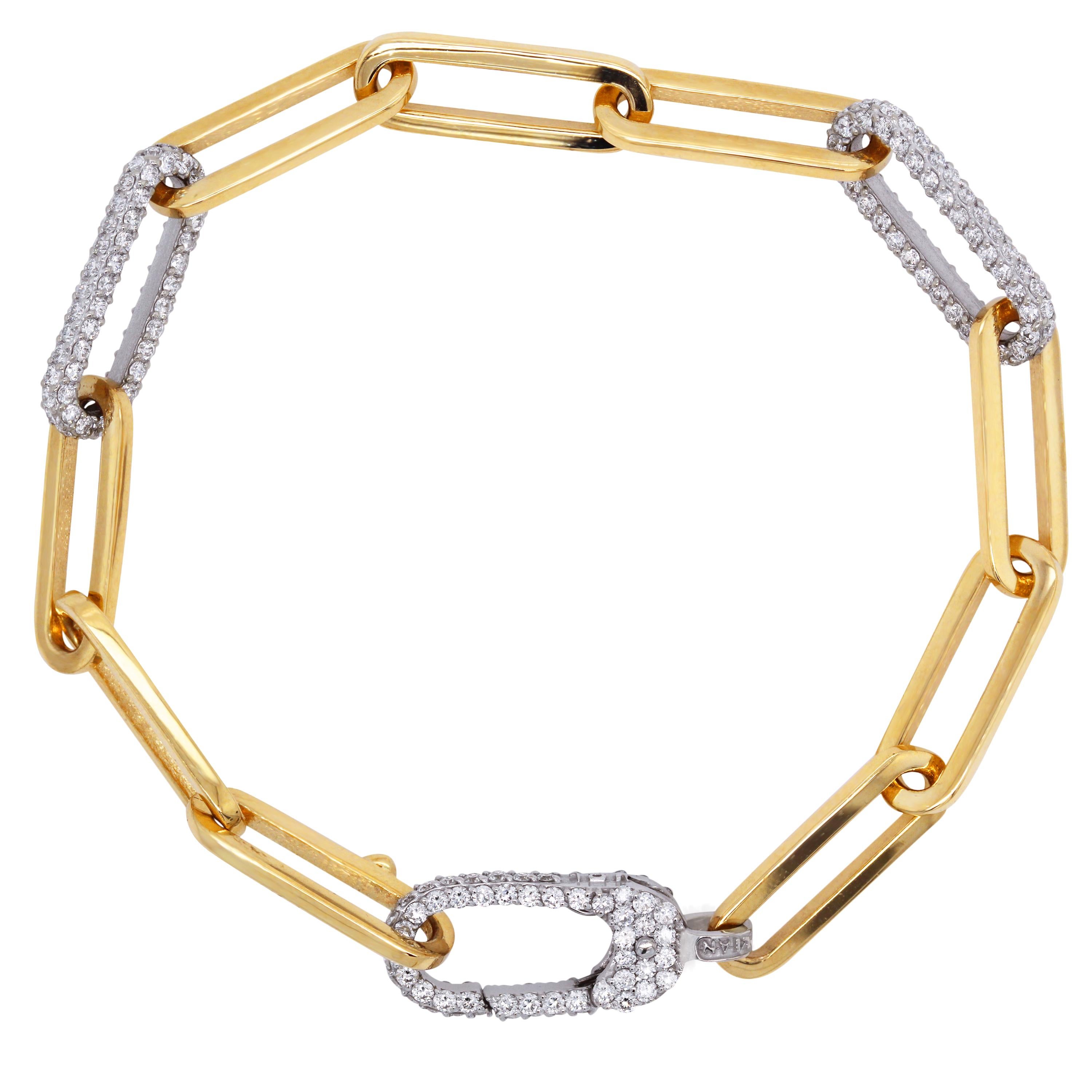 Stambolian 18 Karat Yellow White Two Tone Gold Diamond Paper Clip Link Bracelet

This paper clip bracelet by Stambolian features a high-polished yellow gold finish with two pavé-set diamond links along with an all diamond clasp.

2.46 carat G color,