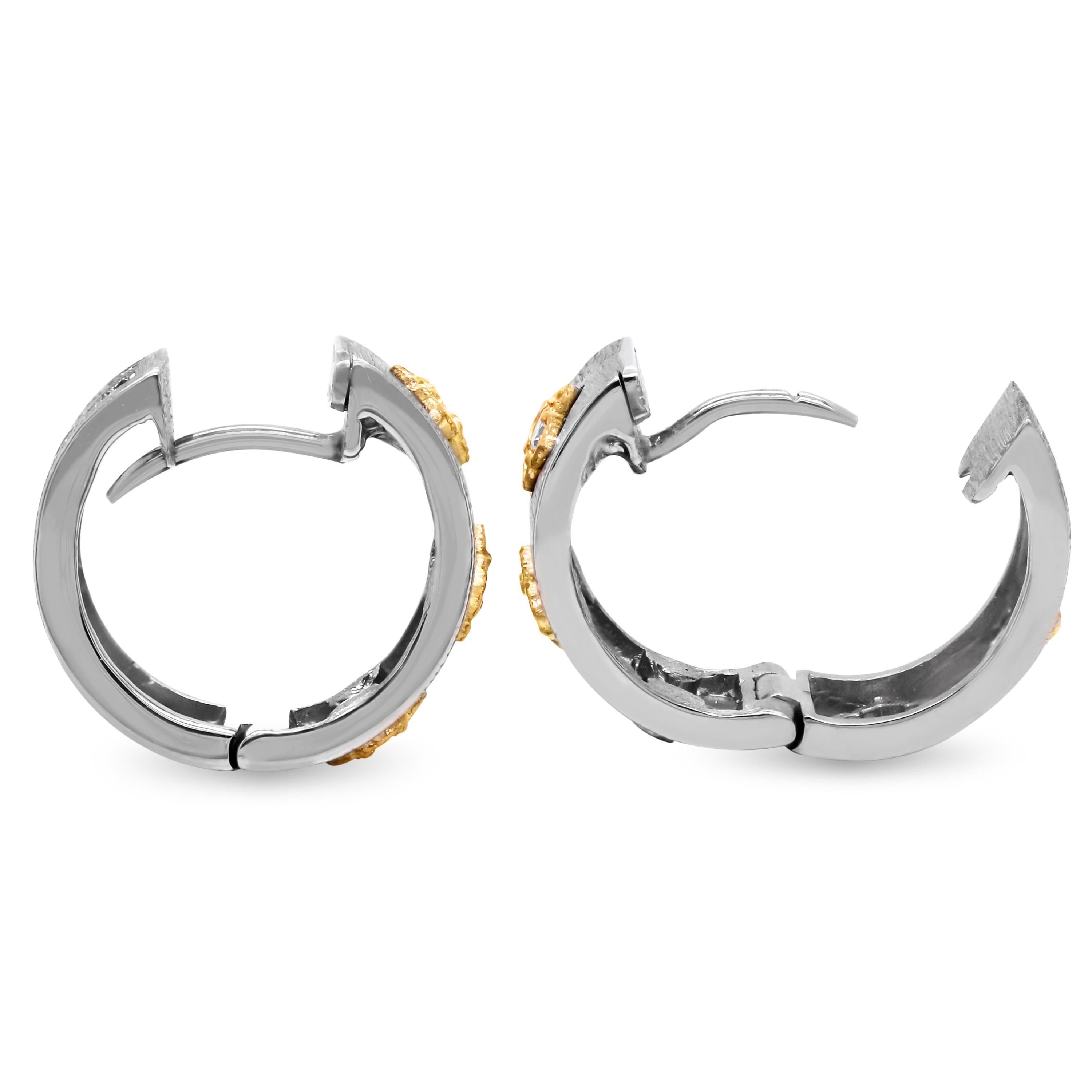 Contemporary Stambolian 18k Brushed Matte Finish White Yellow Gold Diamond Huggie Earrings For Sale