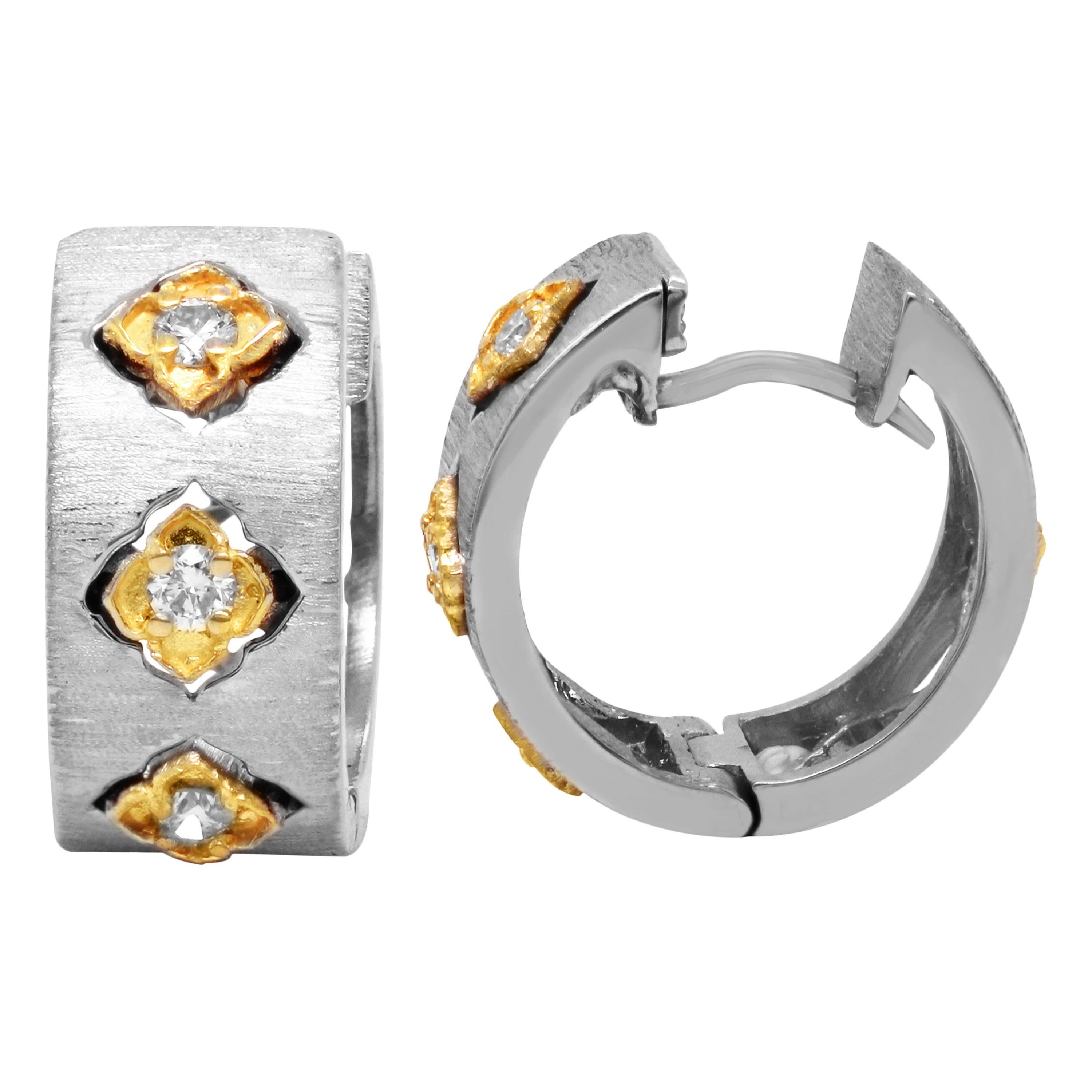 Stambolian 18k Brushed Matte Finish White Yellow Gold Diamond Huggie Earrings For Sale