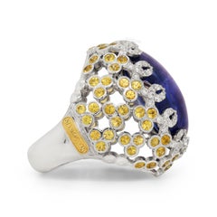 Stambolian 18K Gold AAA Quality Cabochon Tanzanite Yellow Sapphire Diamonds Ring