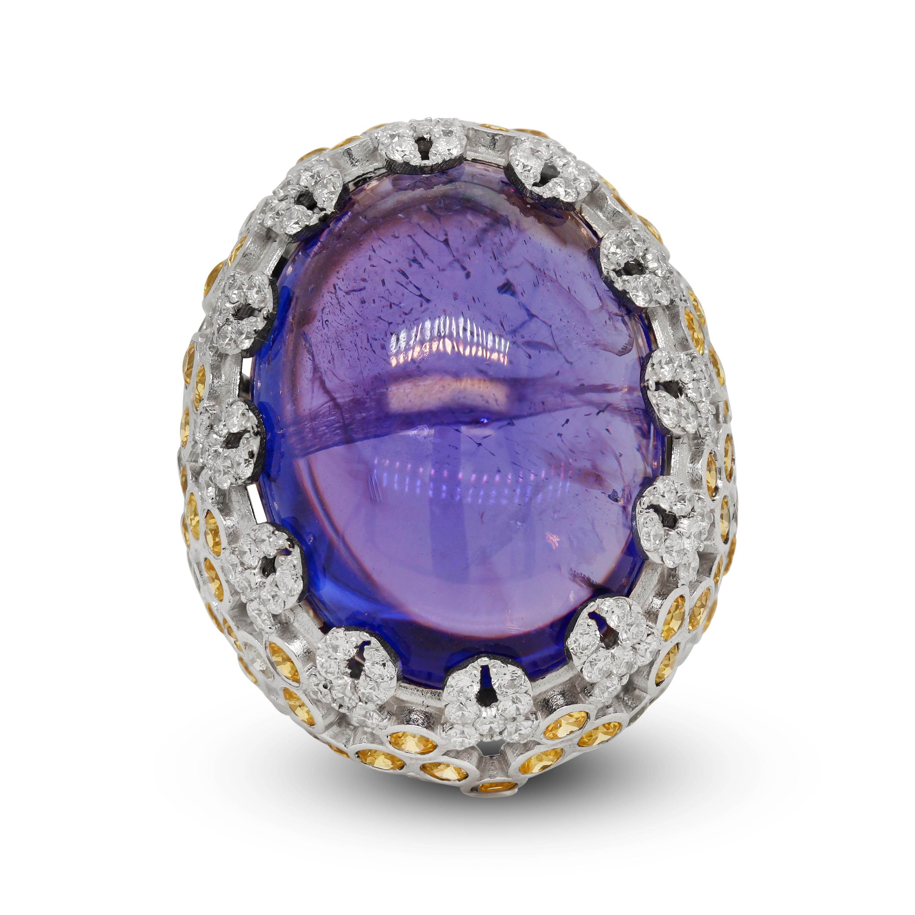 Modern Stambolian 18K Gold AAA Quality Cabochon Tanzanite Yellow Sapphire Diamonds Ring For Sale