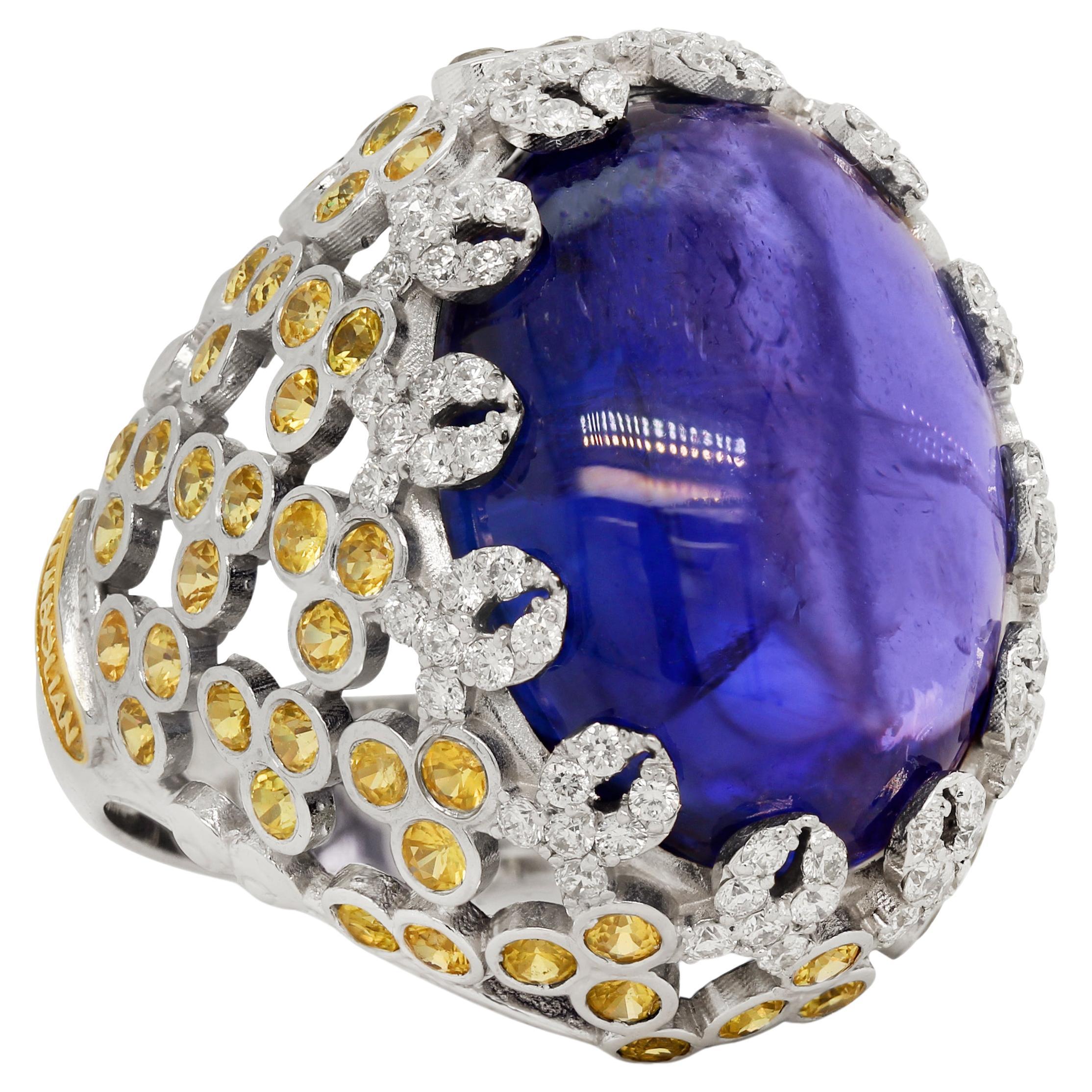 Stambolian 18K Gold AAA Quality Cabochon Tanzanite Yellow Sapphire Diamonds Ring For Sale