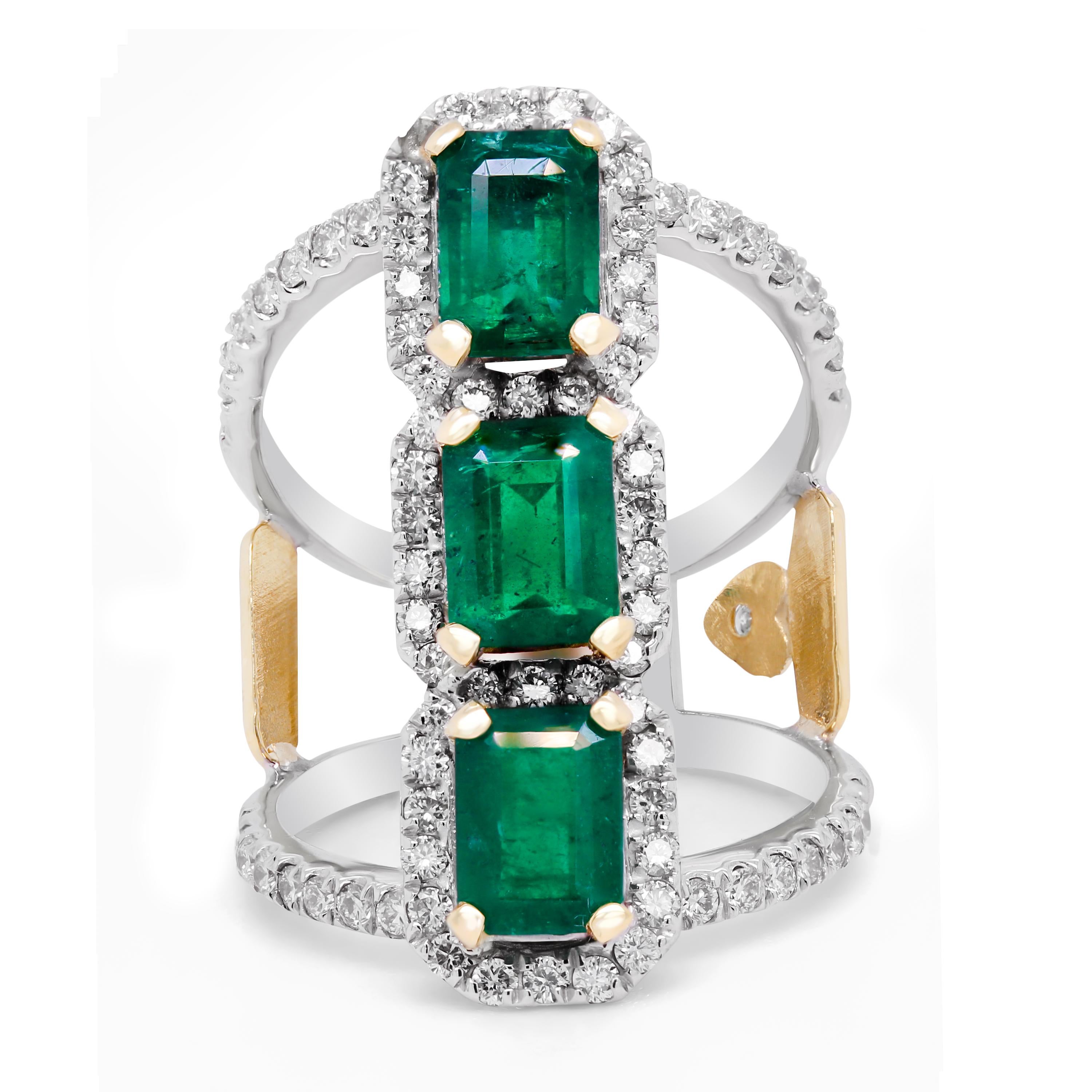 Stambolian 18K Gold and Diamond Colombian Emeralds Three Stone Wide Ring

This one-of-a-kind ring features three Colombian Emeralds with diamonds surrounding along with being set on the band

2.72 carat Colombian Emeralds

1.02 carat G color, VS