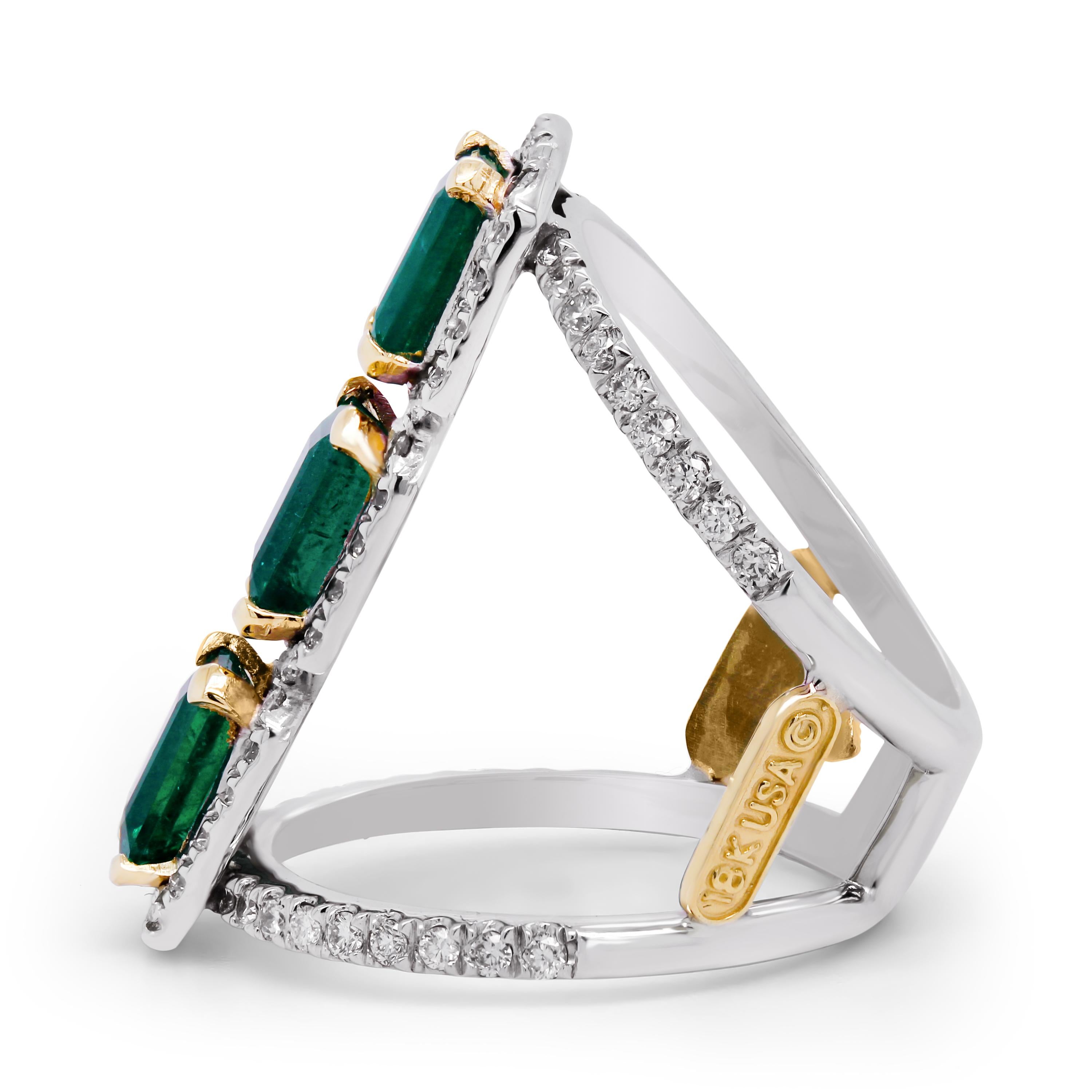 Modern Stambolian 18K Gold and Diamond Colombian Emeralds Three Stone Wide Ring For Sale