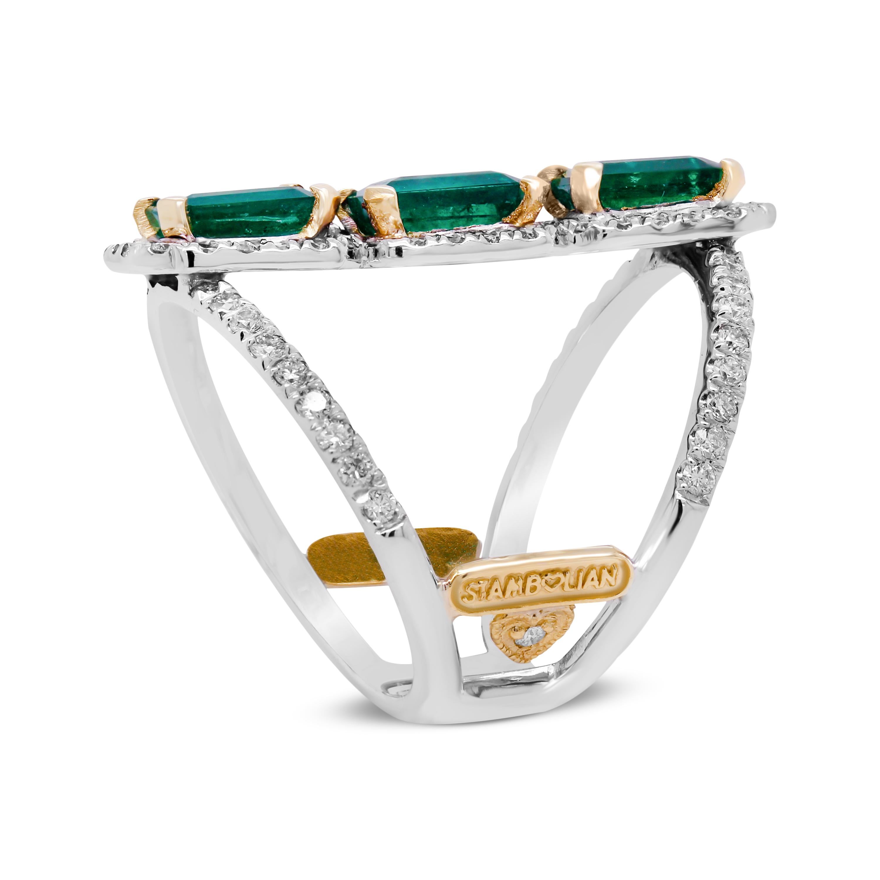 Emerald Cut Stambolian 18K Gold and Diamond Colombian Emeralds Three Stone Wide Ring For Sale