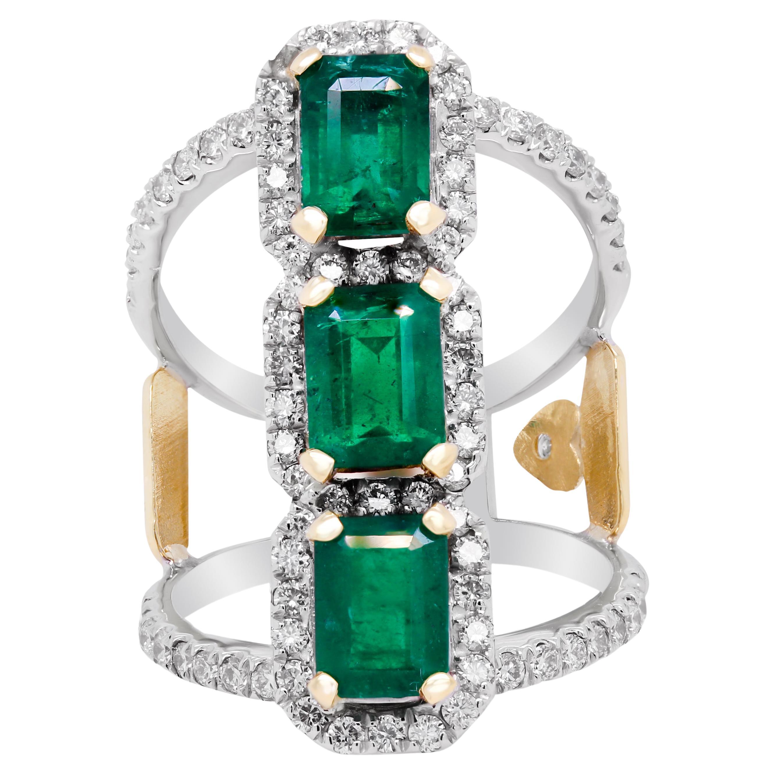 Stambolian 18K Gold and Diamond Colombian Emeralds Three Stone Wide Ring For Sale