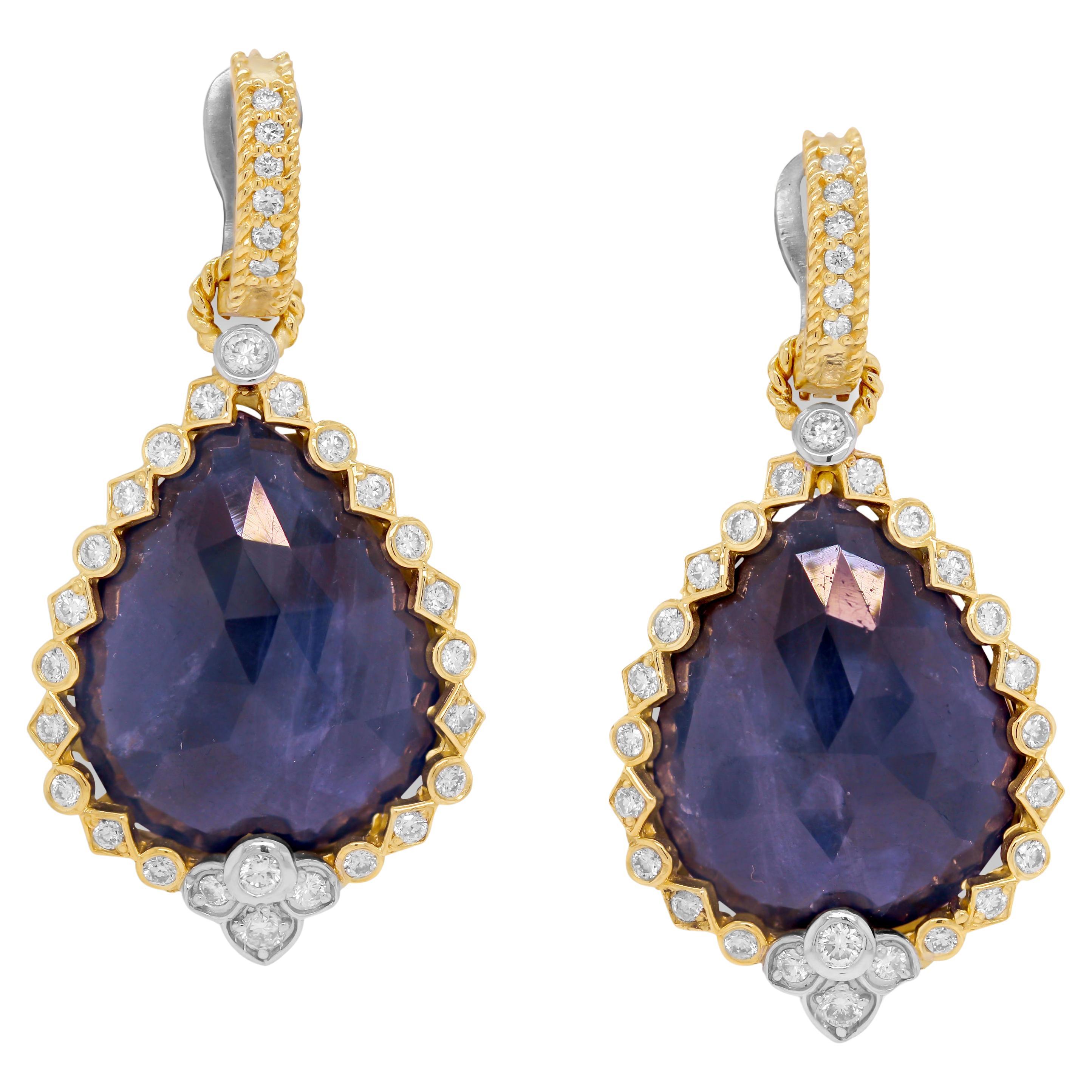 Stambolian 18K Gold and Diamond Drop Dangle Earrings with Sliced Blue Sapphires