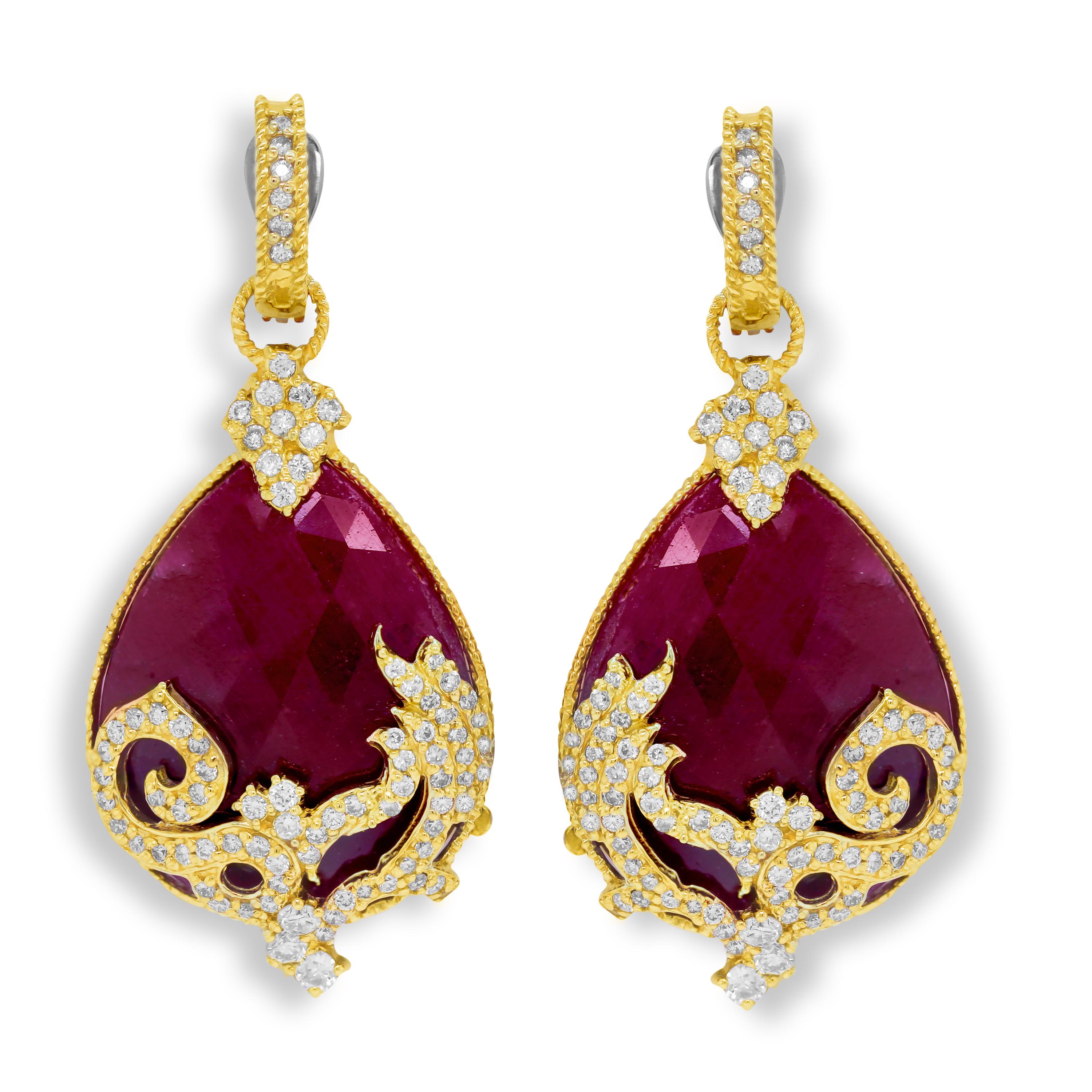 Rose Cut Stambolian 18K Gold and Diamond Drop Dangle Earrings with Sliced Ruby