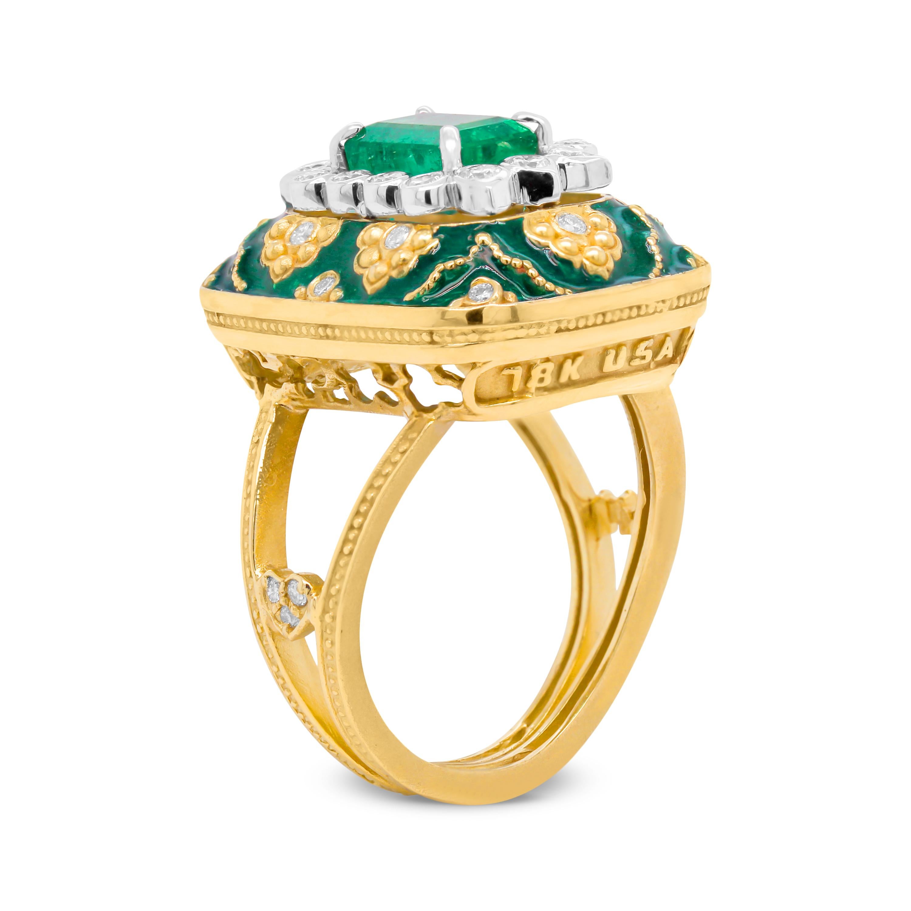 Emerald Cut Stambolian 18K Gold and Diamond Emerald Center Green Enamel Cocktail Ring For Sale