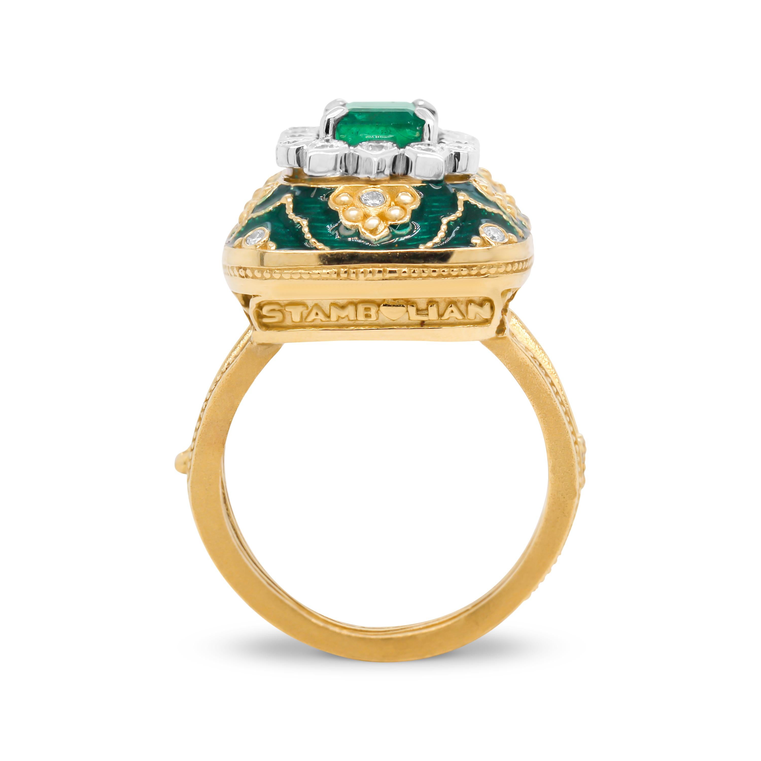Stambolian 18K Gold and Diamond Emerald Center Green Enamel Cocktail Ring In New Condition For Sale In Boca Raton, FL