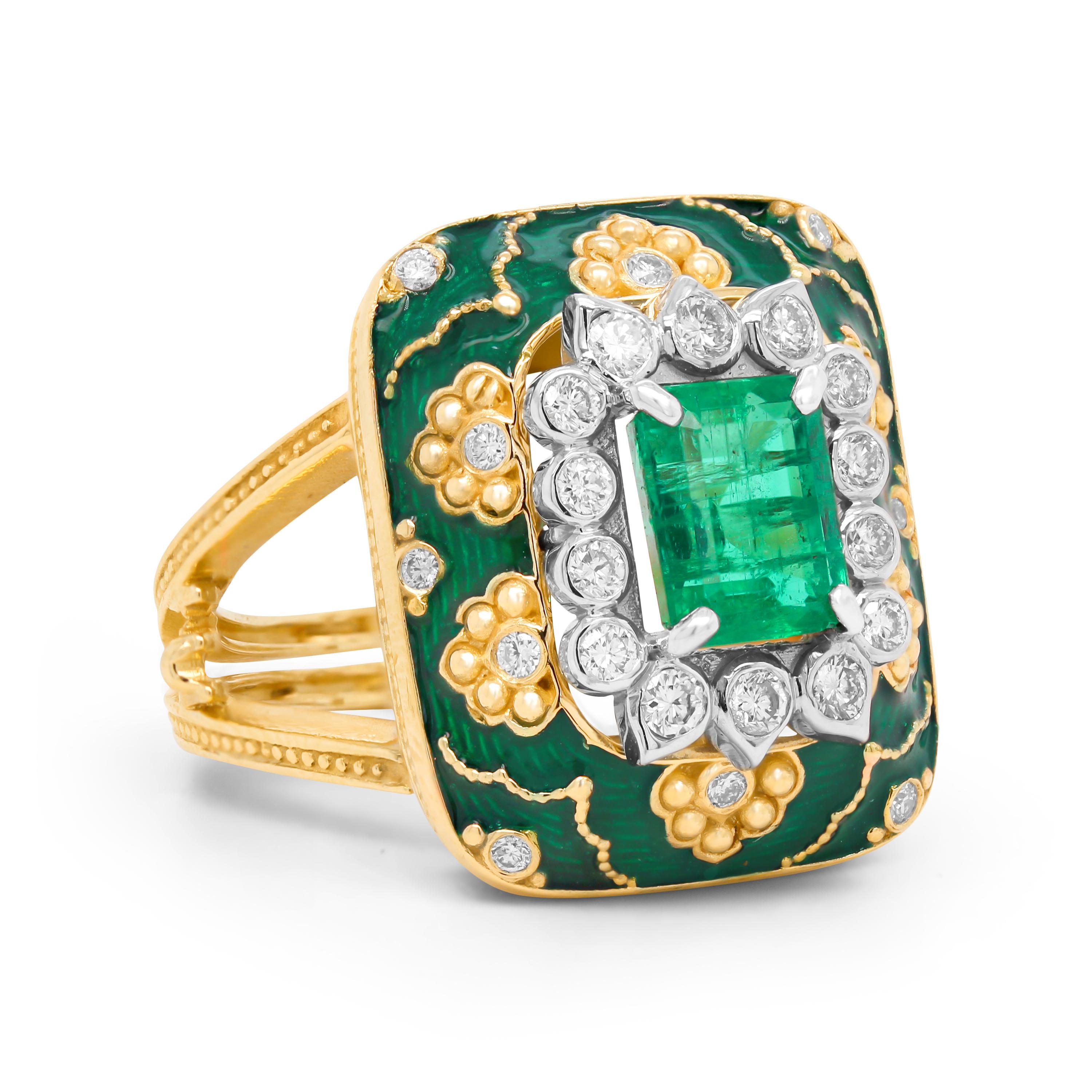 Women's Stambolian 18K Gold and Diamond Emerald Center Green Enamel Cocktail Ring For Sale