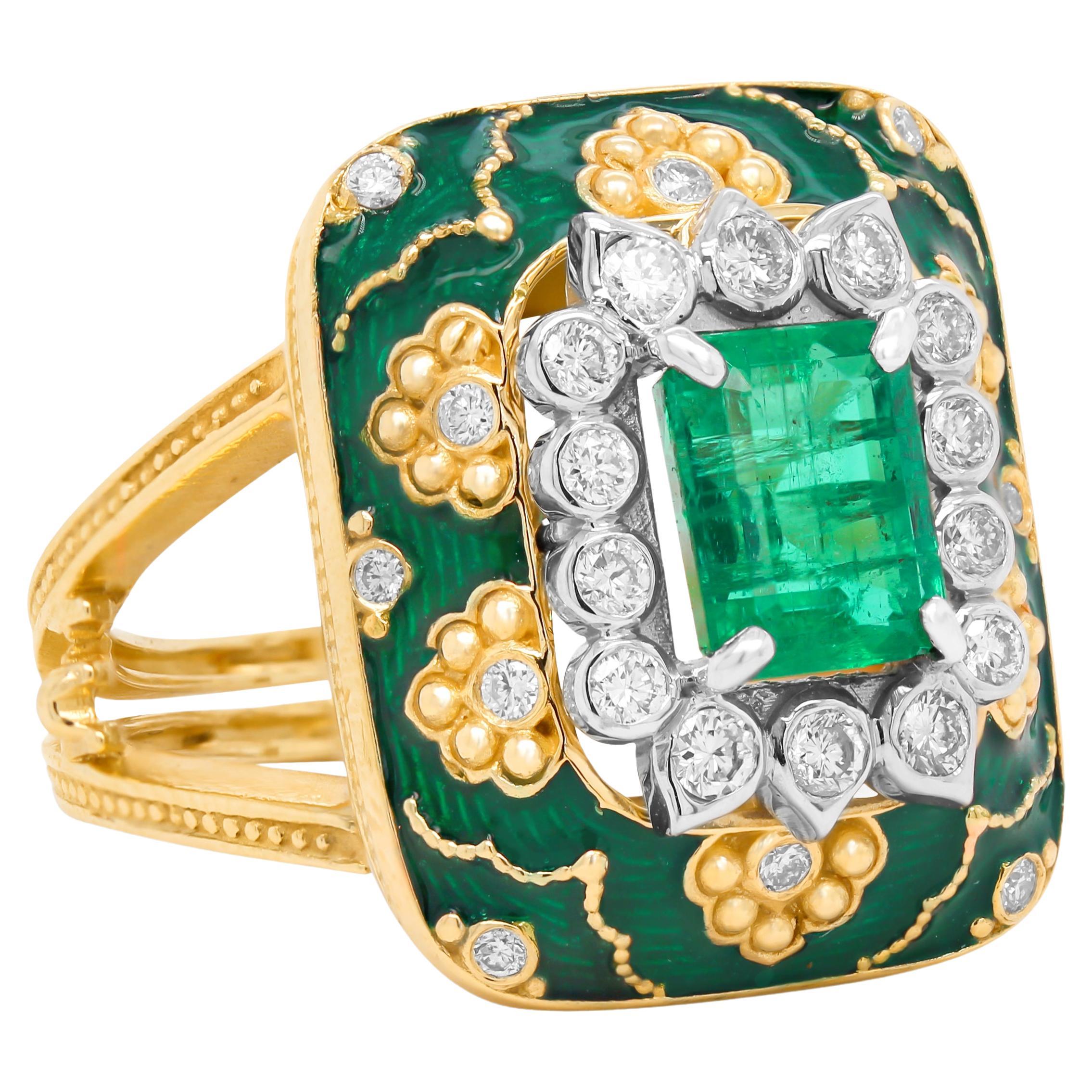 Stambolian 18K Gold and Diamond Emerald Center Green Enamel Cocktail Ring For Sale