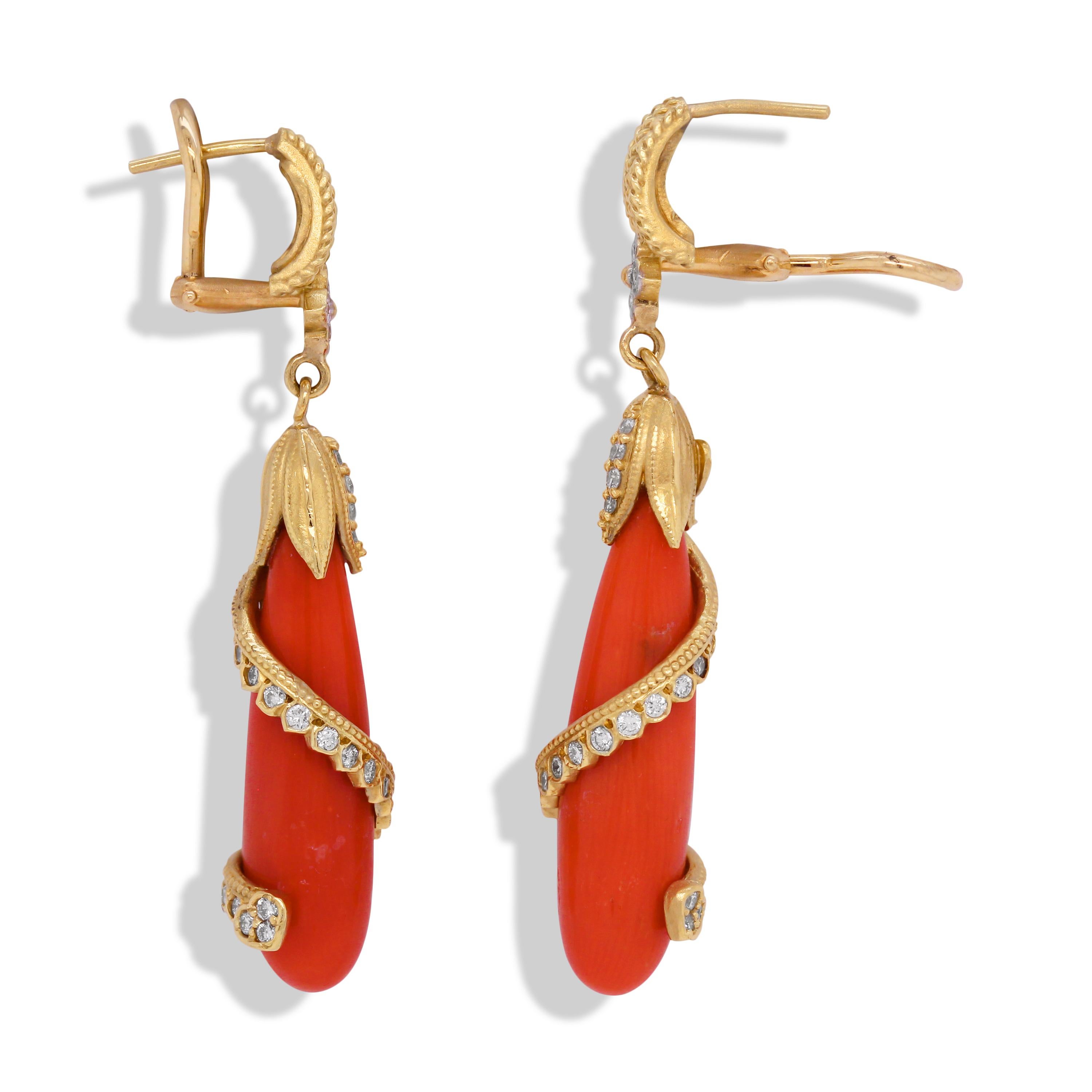 Stambolian 18K Gold and Diamond Twisted Sardinian Coral Drop Earrings

Beautiful Sardinian Coral drops, 8mm x 30mm 

0.75ct. G Color, VS Clarity diamonds

Post-omega backs

Earrings are 2 inches in length

Signed Stambolian and has the Trademark