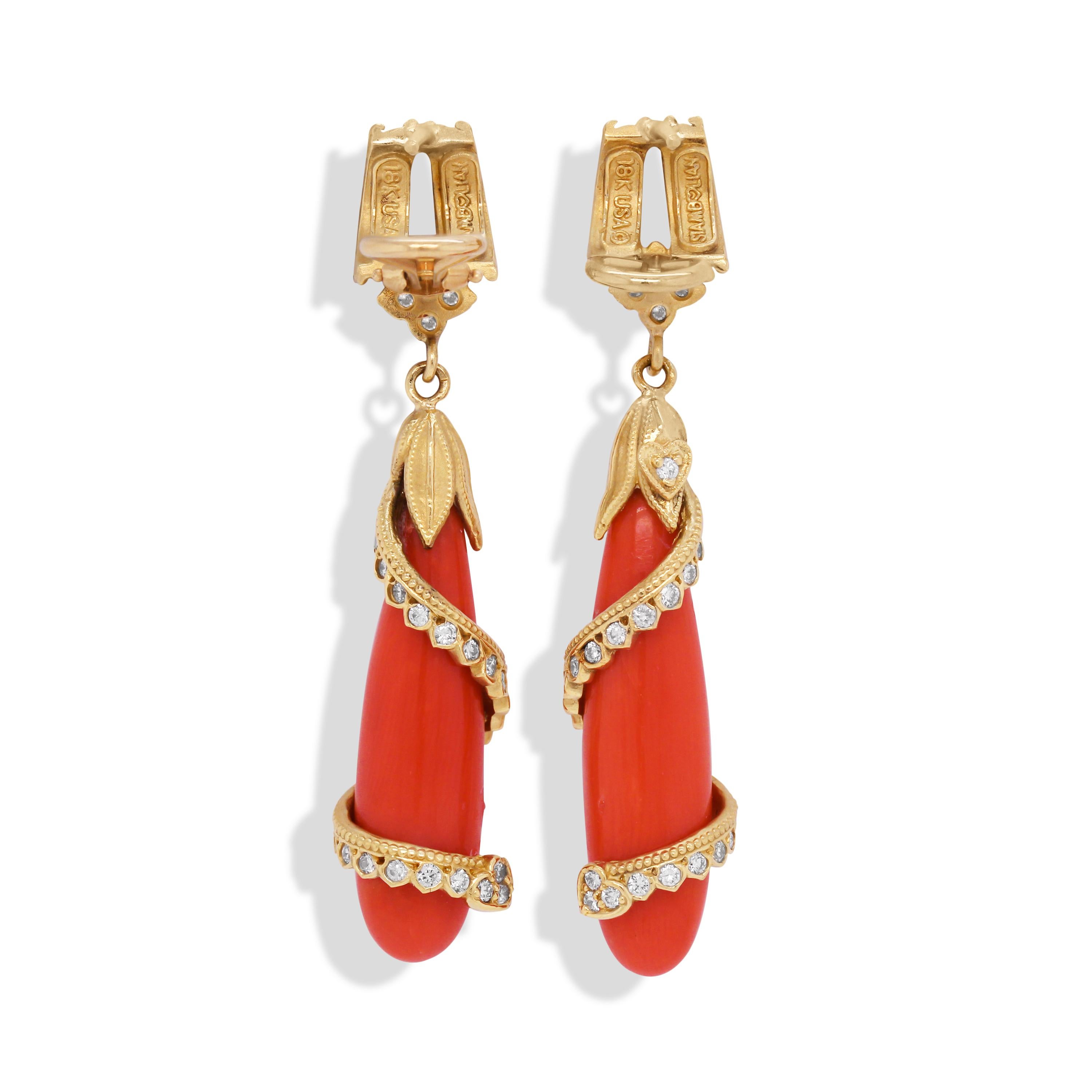 Cabochon Stambolian 18K Gold and Diamond Twisted Sardinian Coral Drop Earrings For Sale